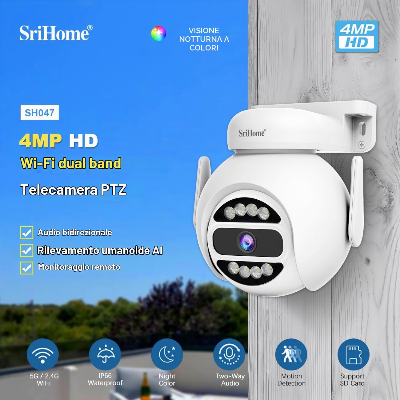 SRIHOME 4MP Rete WiFi a Doppia Banda, Fotocamera di Sorveglianza PTZ, Inseguimento Movimento, Visione Notturna, IP66 Impermeabile, Audio 2-Way, Tutela Della vita Privata, Uso Interno/Esterno