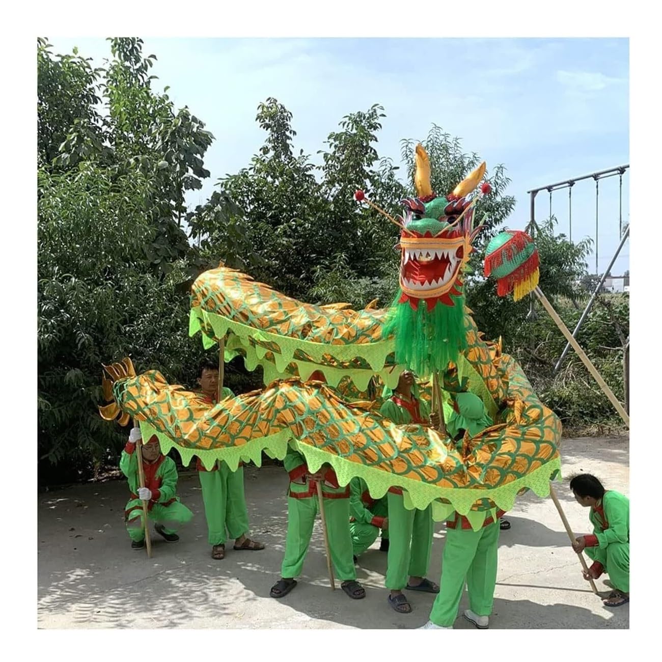 Strój Do Tańca Lwa 18m/32,8ft Taniec Lwa Plastikowa Satynowa Tkanina Chiński Smoka 10 Osób Smok I Lew Rekwizyty Do Tańca Outdoor Sport Smocze Tańces(Grün)