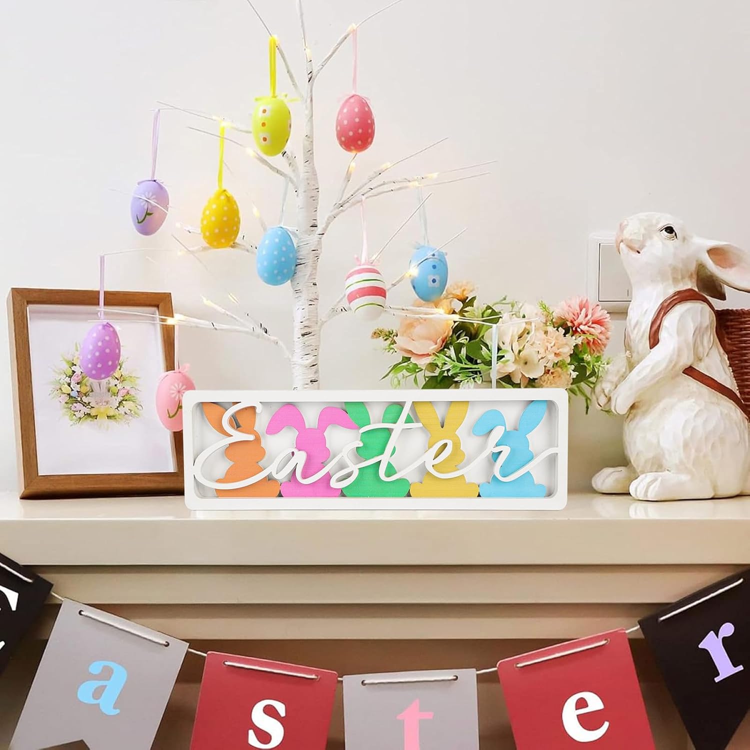 Vintage Happy Easter Decorations for Office, Home, Table, Mantel, Shelf, Desk, 3 1/2 x 11 Inch Retro Bunny Sign, Wooden Spring Bunnies Decor Sign, Farmhouse Pink Decoration (Colorful Bunnies) - Image 4