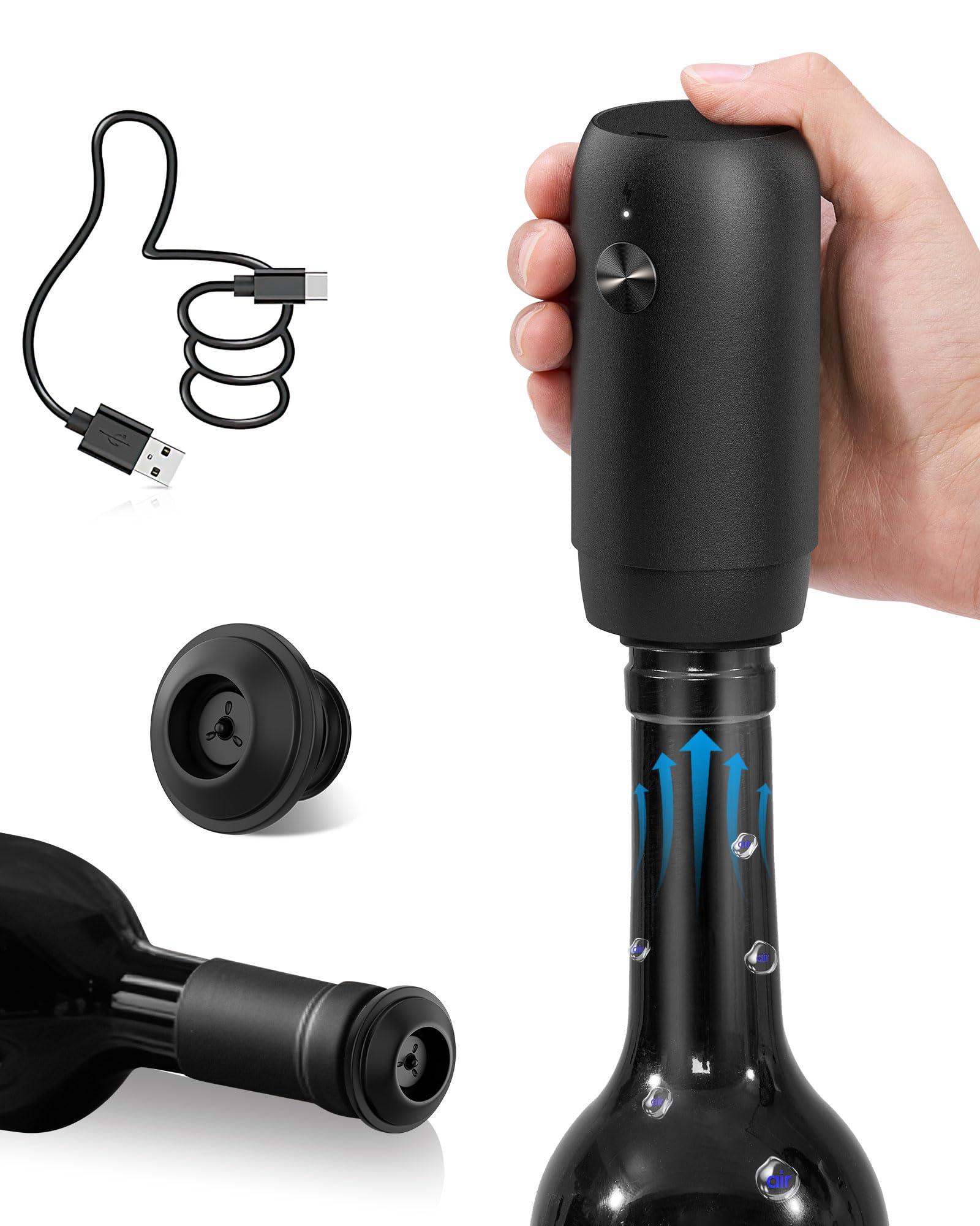 Pompe à Vin Électrique Rechargeable USB-C - Conservation Sous Vide 10 Jours - Avec 1 Bouchon Silicone - Cadeau Amateur De Vin