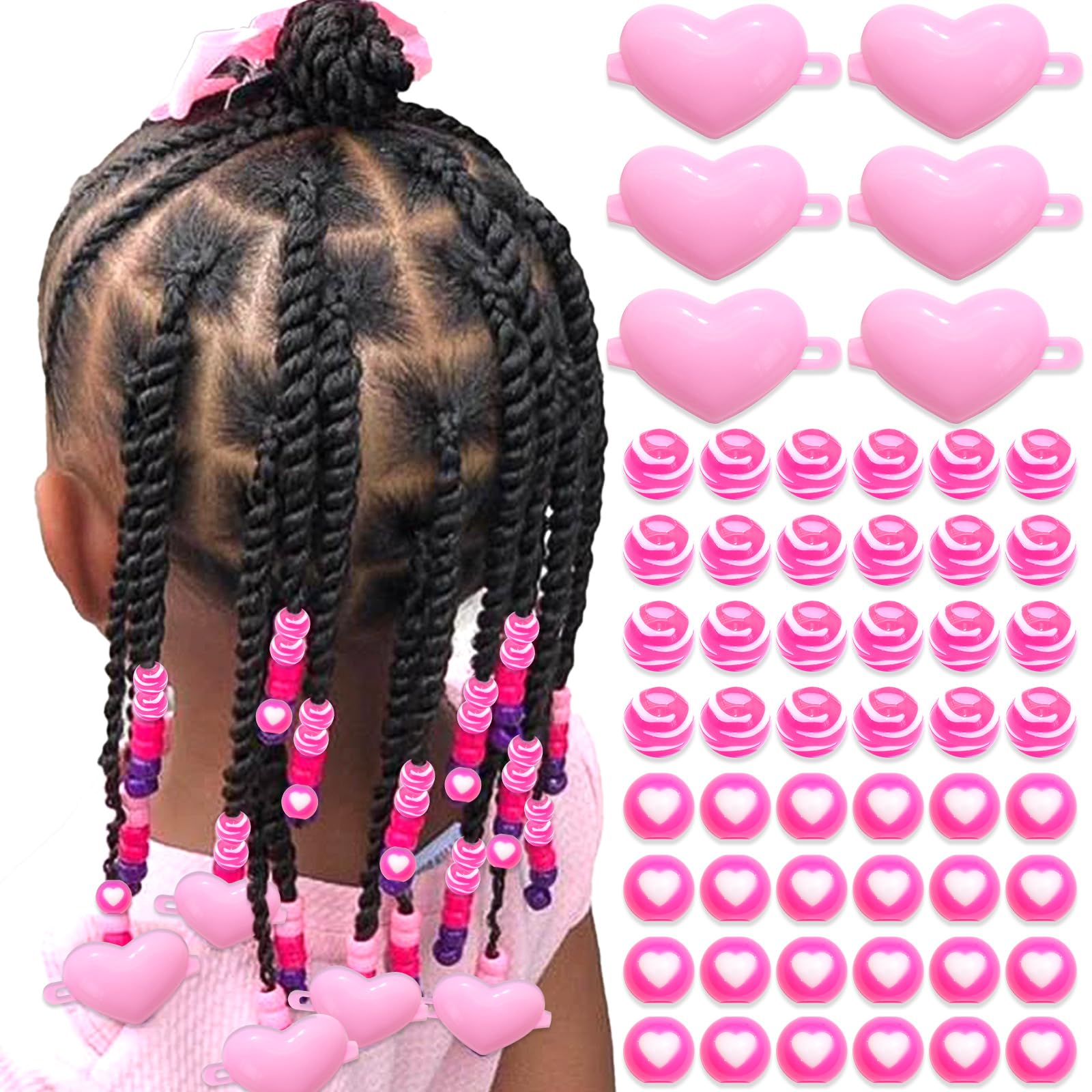 NAISKA 60Pcs Pink Heart Hair Beads for Kids Girls Heart Self Hinge Barrettes Cute Acrylic Bead for Hair Toddler Dreadlock Beads Loc Jewelry Women