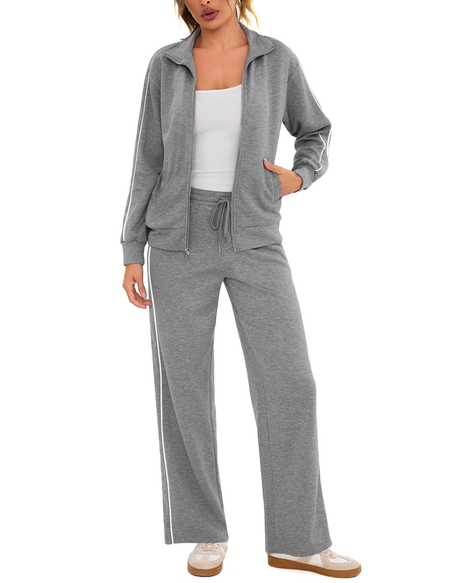Terecey Conjunto Deporte Mujer 2 Piezas – Conjunto Chándal Mujer con Colores Contrastantes Sudadera con Cremallera y Pantalón Recto con Cordón para Casa y Ejercicio