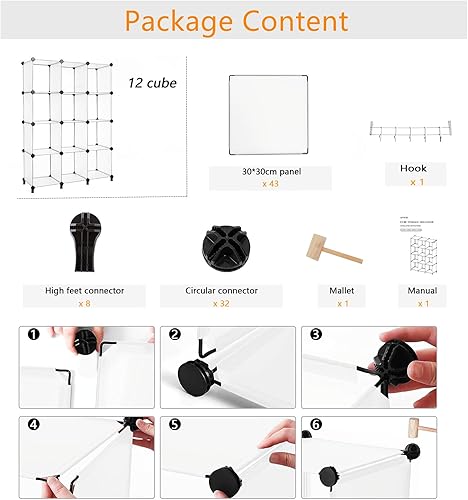 Miniatura 8 de AWTATOS Organizador de almacenamiento de cubos, almacenamiento de 12 cubos, estantería de bricolaje de plástico para armario, con mazo de madera