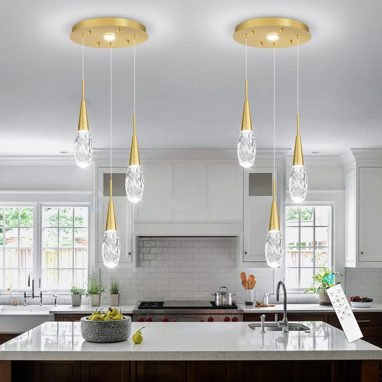 3-Lights LED Pendant Lights for Kitchen Island Gold Dimmable Light Fixture Modern Crystal Pendant Lighting for Dining Room Bedroom Living Room Lights Shine Gold