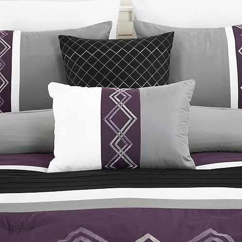 Miniatura 7 de Chezmoi Collection Arden - Juego de edredón moderno de 7 piezas con diseño de rayas plisadas bordadas en zigzag (tamaño matrimonial, morado, negro,