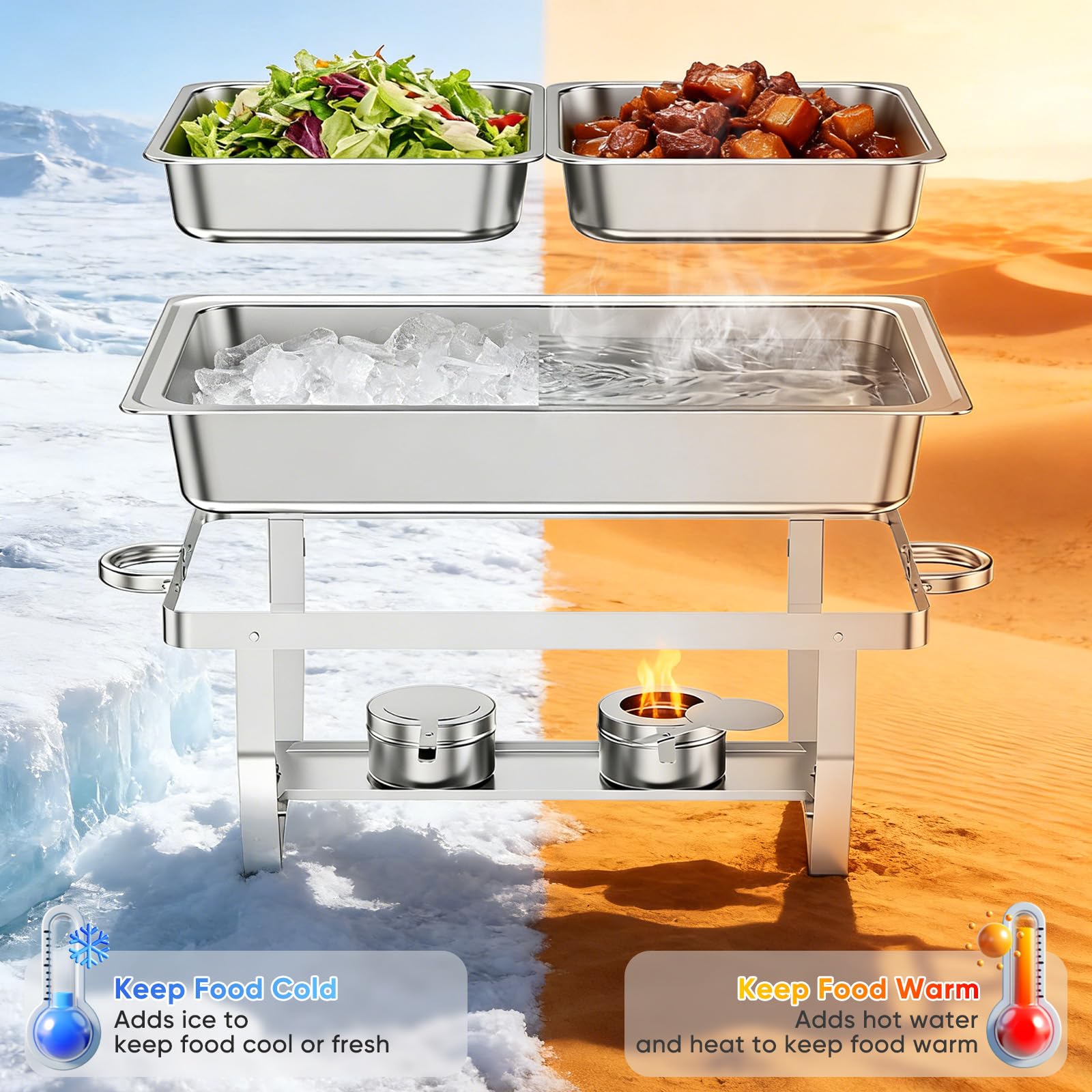 4 Pcs Chafing Dish Speisewärmer Set, 9L Edelstahl Warmhaltebehälter Essen [1/2 GN - Behälter], Wärmebehälter für Speisen mit Deckel & Brennstoffhalter, Speisenwärmer Buffetwärmer für Catering & Party