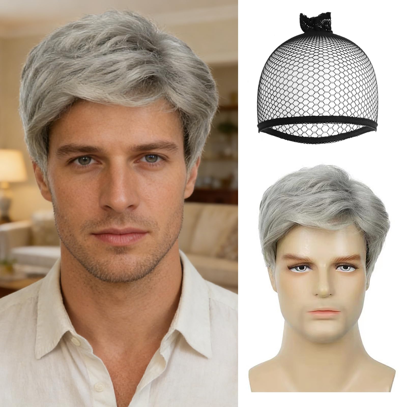 MLPKOI Herren Perücke Herren Graue Kurz, Wigs, Perücken, Pperücke Kurze, 70er 80er Disco Täglich Halloween Cosplay Perücke Kostümparty Flauschiges Kostüm, Hübscher Täglicher Rocker-Stil, Punk (Grau)