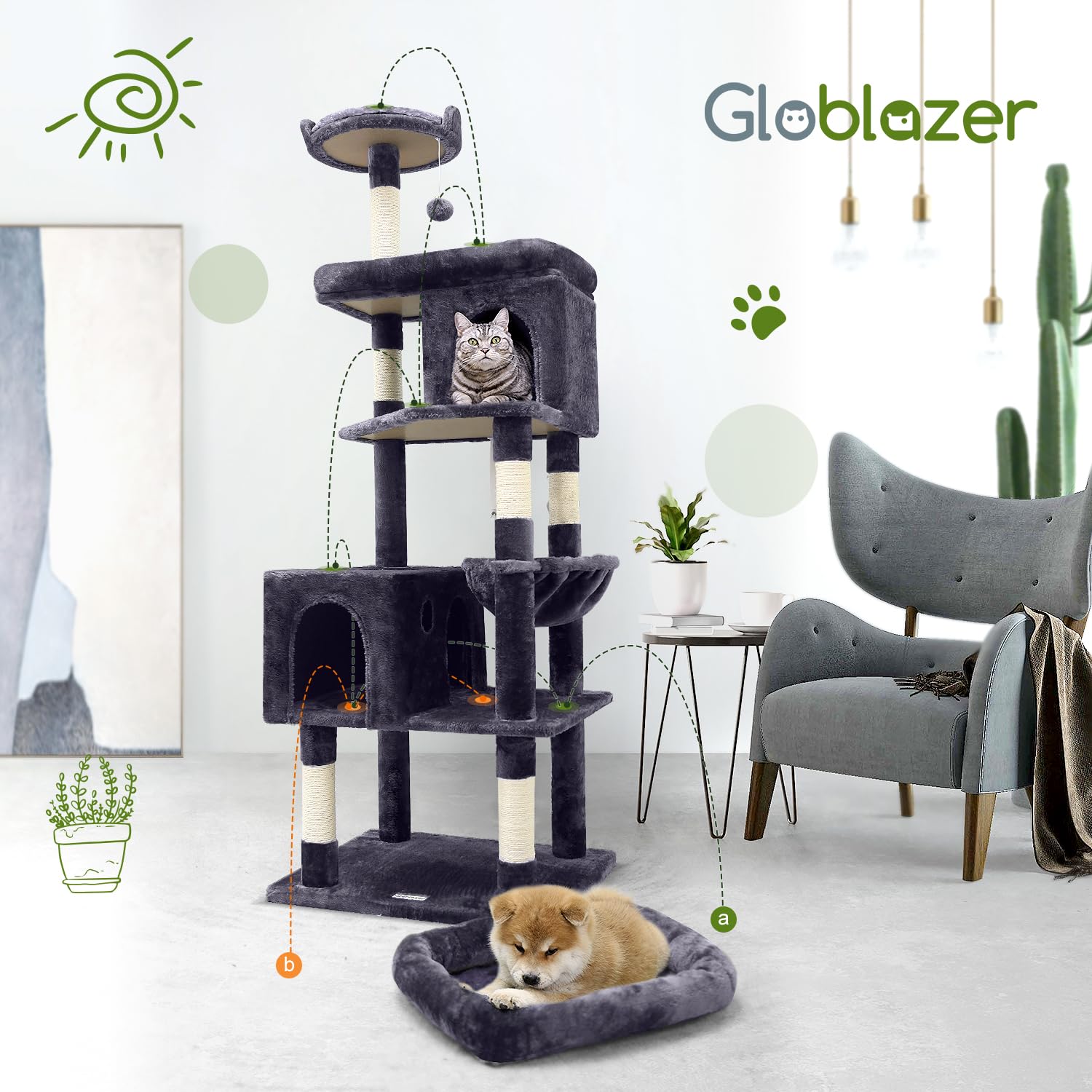 Globlazer Kratzbaum Groß Hoch 183 cm mit Katzenhaus Groß Plattform Korb Sitzstangen Bett Plüsch Katzenspielzeug, Katzenbaum Stabil für Große Katzen Maine Coon Britisch Kurzhaar (S72, Dunkelgrau)