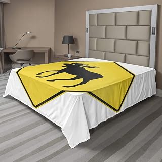 Moose Flat Sheet, Canadian Road Traffic Warning Sign with Elk Crossing Solitary Animals Print, Soft Comfortable Top Sheet Decorative Bedding 1 Piece, Queen Size, Yellow and Black