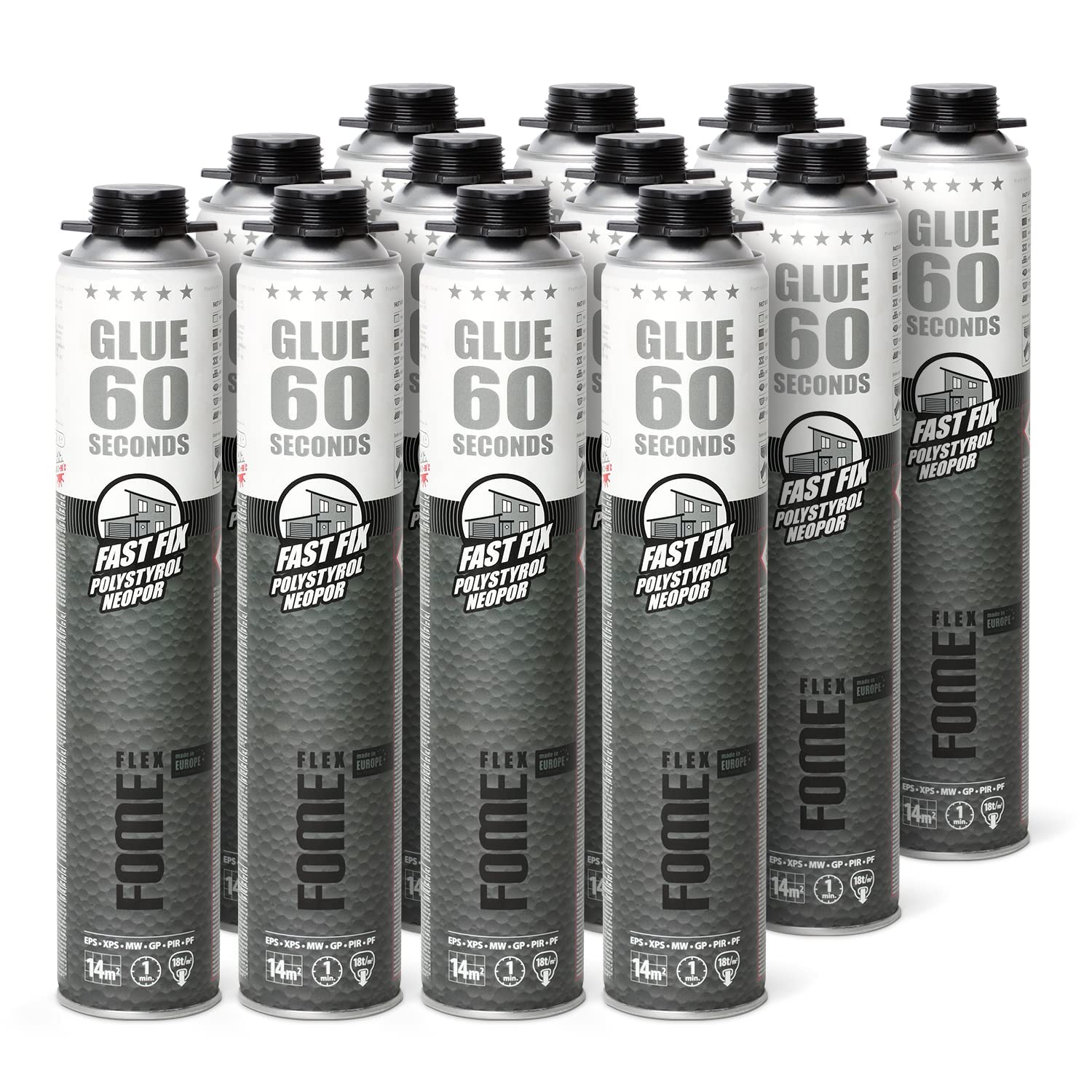 B2 Dämmstoffkleber für EPS- & XPS-Platten – 60-Sekunden-Perimeterkleber [12 x 850 ml] Schnellster Klebeschaum mit 18 kg/cm² Zugwiderstand ohne zusätzliche Ausdehnung – Dämmschaum für Profis