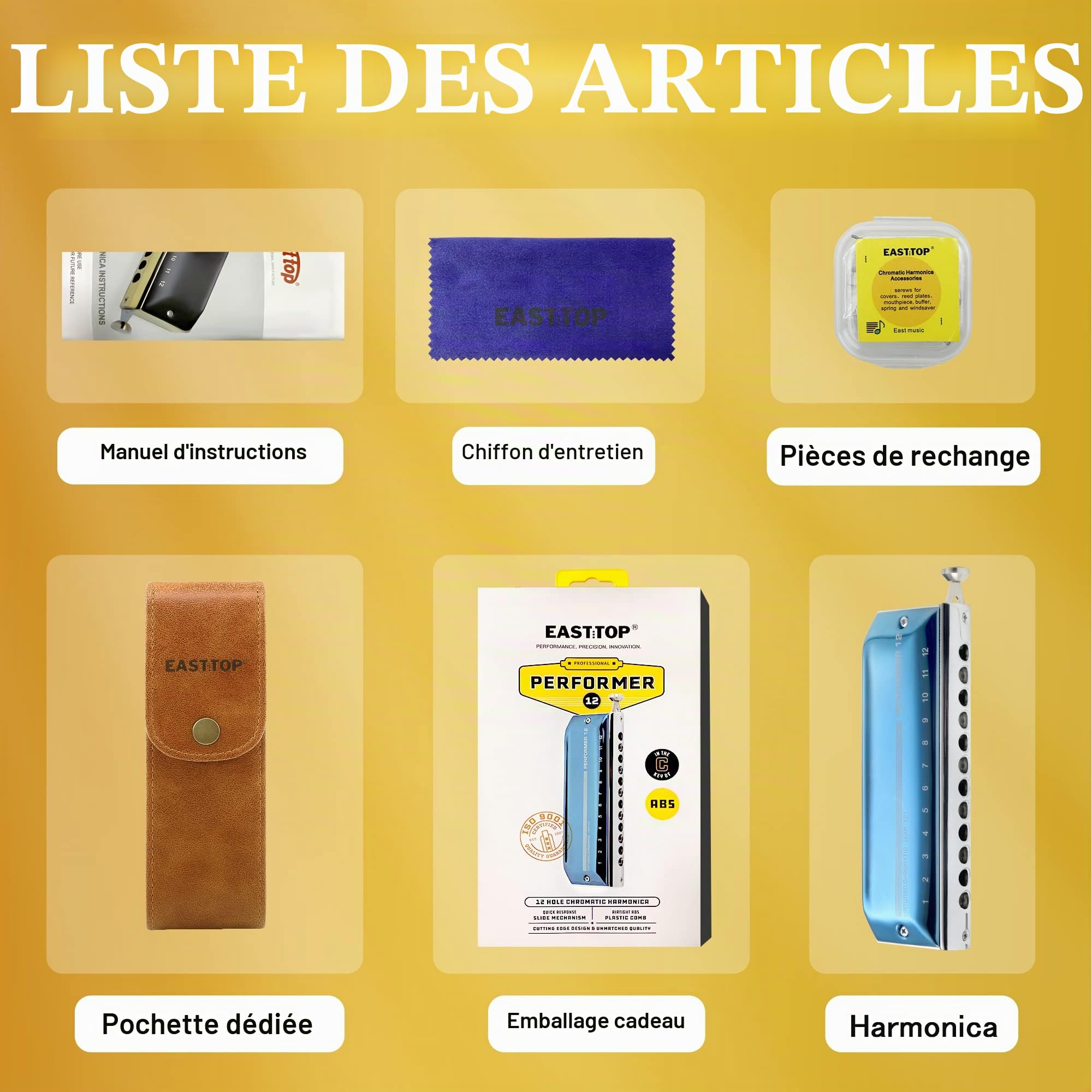 Clé d'harmonica chromatique East Top Upgrade de C, Harmonica professionnelle 12 trous 48 tons pour adultes, étudiants et amateurs d'harmonica avec couvercle bleu (EAP-12)