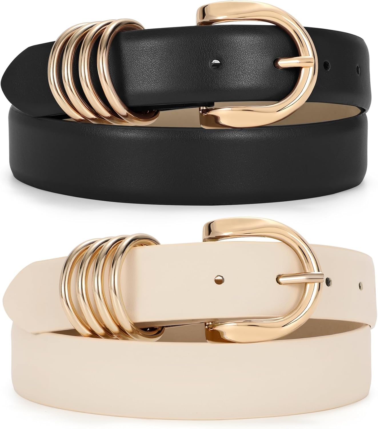 JASGOOD 2 Pack Women's Leather Belts for Jeans Pants Fashion Ladies Dress Waist Belts with Gold Buckle