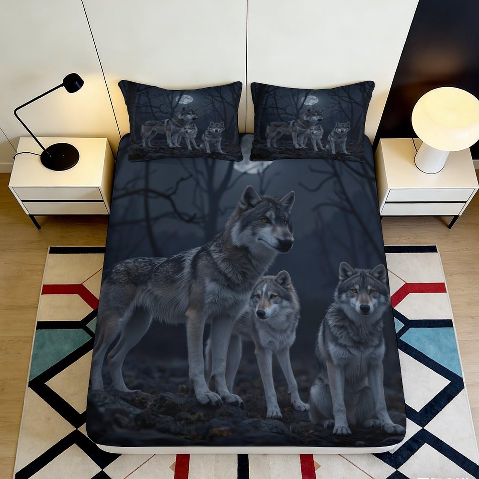 3D Printed Wolf Forest Fitted Sheet Microfiber Soft Mattress Cover, Anti-Slip, Machine Washable, Bedroom Decor 180x200x25cm