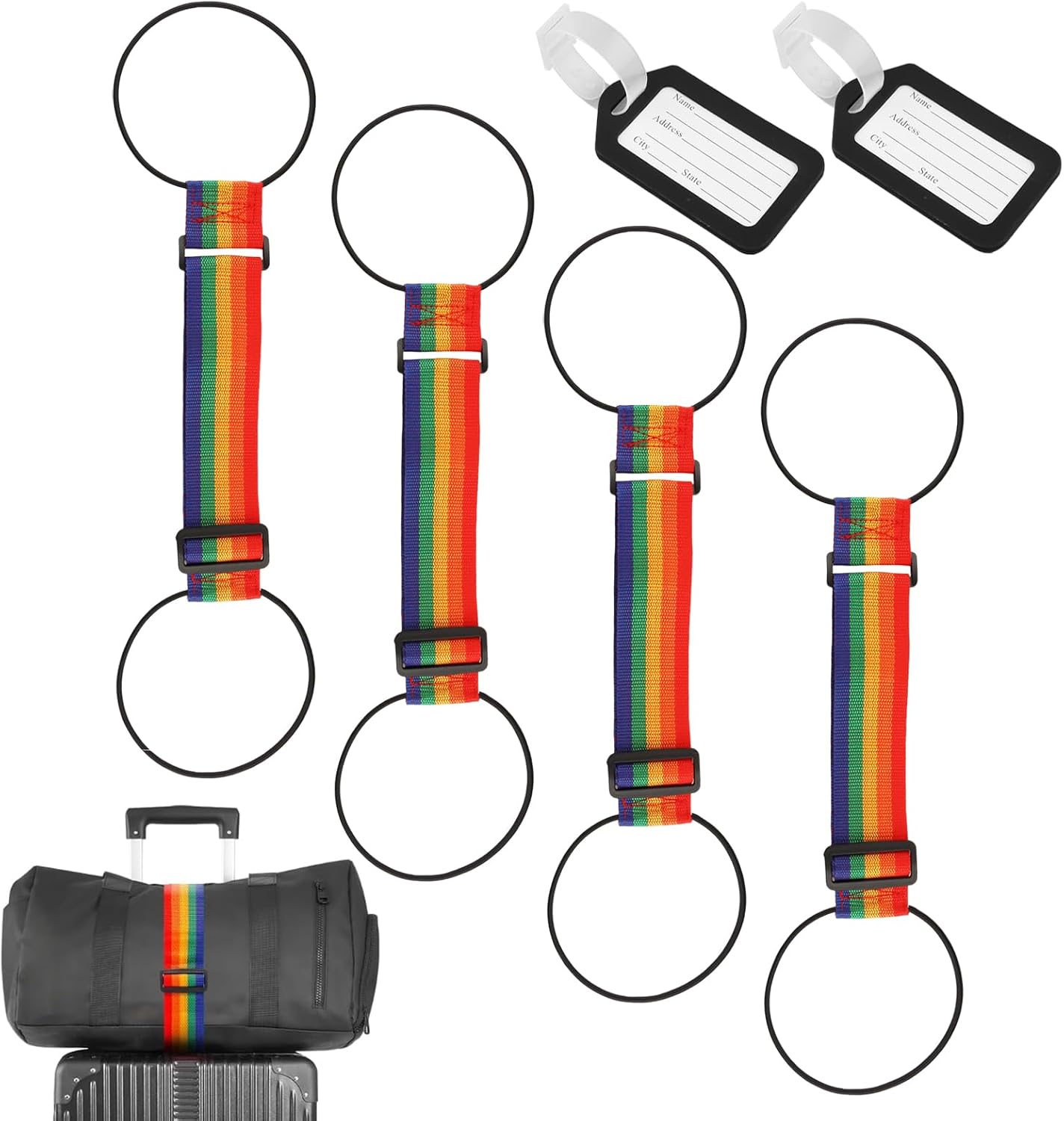 Luggage Strap Set, Multi-Use Adjustable Connector Straps, 4-Piece 10.2 to 15.7 inch Fabric Linking Bands and 2 Luggage Tags, Adjustable Bungee Elastic Belt for Stacking and Attaching Bags(Black)