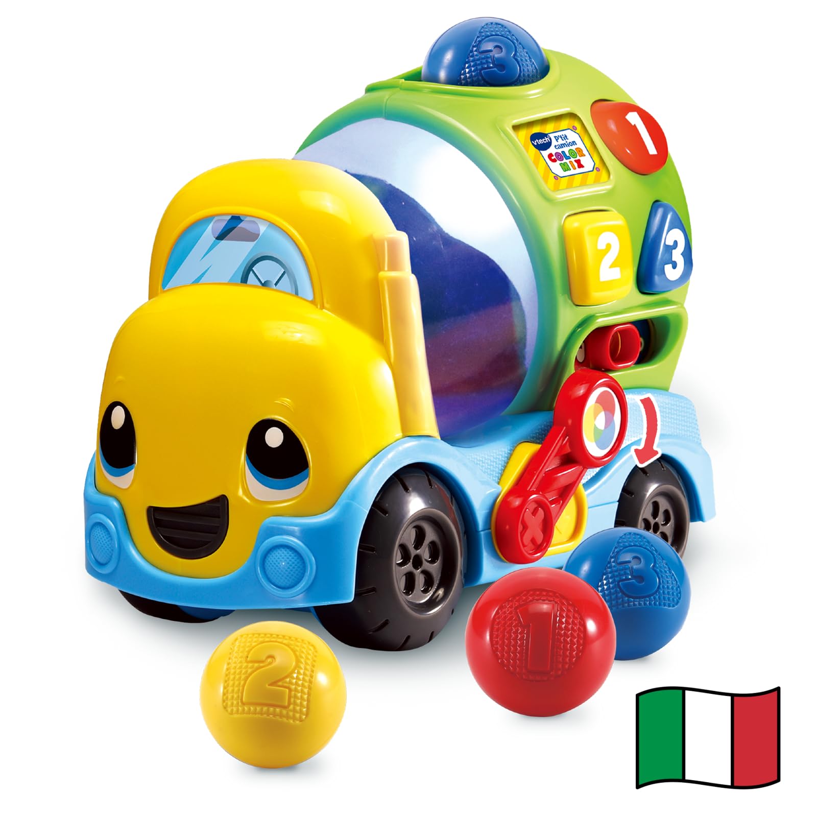 VTech Max Mixa Colori, gadająca ciężarówka, 5 melodii, rozpoznawanie i mieszanie kolorów, 3 tryby gry, regulacja głośności, automatyczne wyłączanie, język włoski, baterie w zestawie, 12-36 miesięcy
