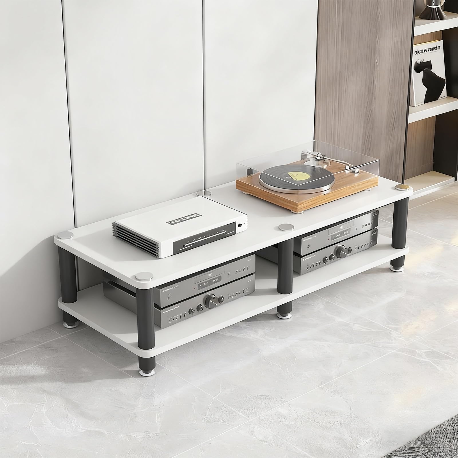 Wielopoziomowy stojak AV, gruby stojak audio z otwartą metalową szafką na gramofon i sprzęt DJ (biały, 2 poziomy, 120 x 40 x 34 cm)