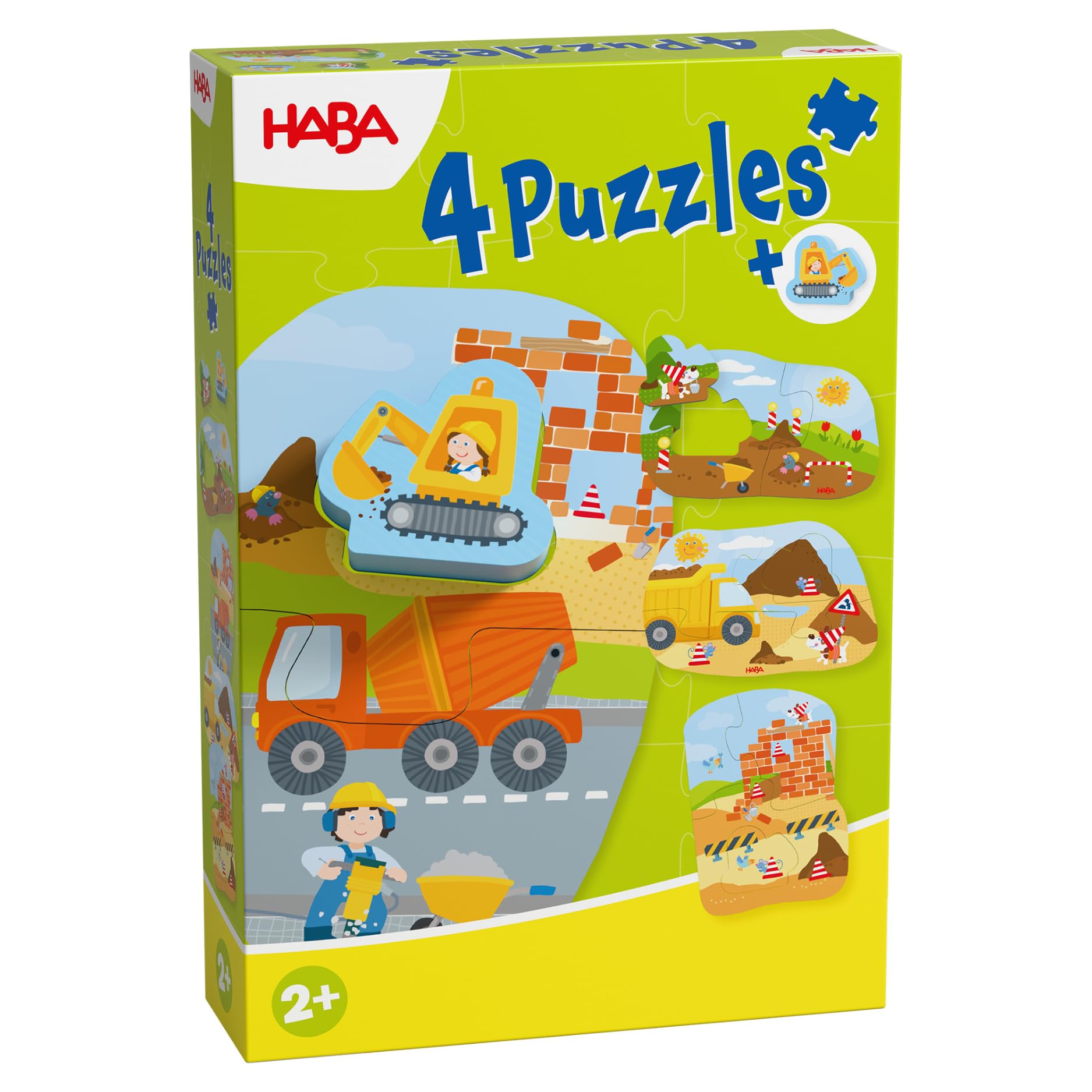 HABA 4 Erste Puzzles – Baustelle – Einstiegspuzzle für Kinder ab 2 Jahren mit Holzfigur, Betonmischer, Kipplaster & Bagger – 2012186003