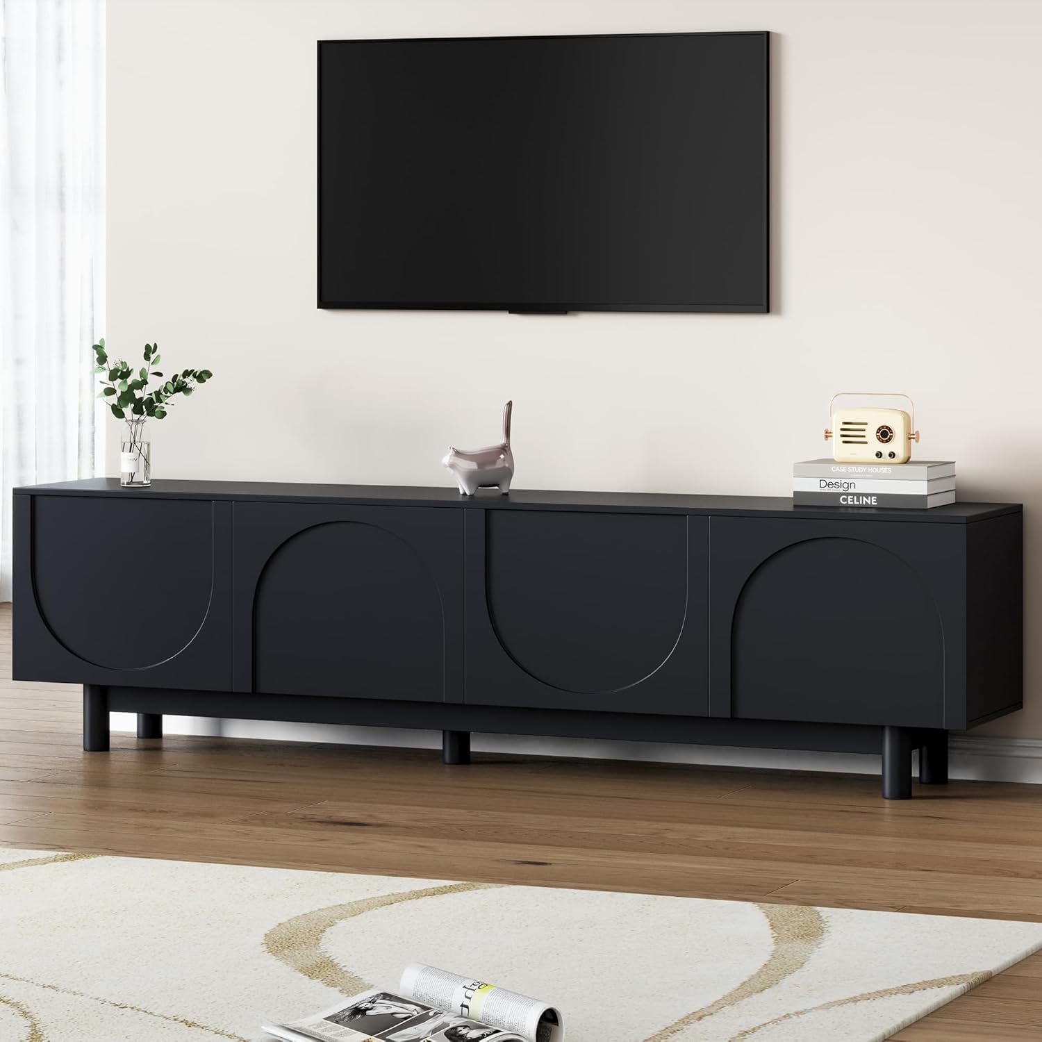LUMISOL Modern TV Stand with Adjustable Shelves and Arch Cabinets, Rectangle Media Console with Solid Wood Legs for TVs Up to 78'', Entertainment Center for Living Room, Black