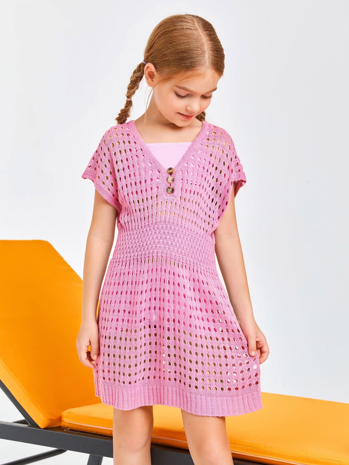 Haloumoning Vestido de playa para niña de verano, poncho de manga corta, de punto, trajes de baño de moda para niños