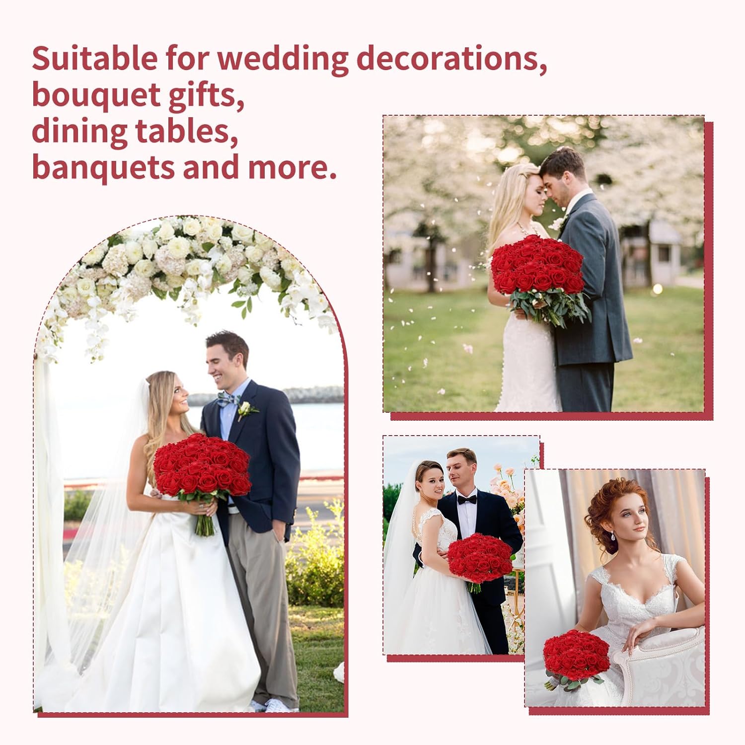 50 PCS Red Roses Artificial Flowers, Fake Red Rose Bouquet, Artificial Silk Red Roses with Stems for DIY Wedding Flowers Decoration, Valentines Day Mothers Day, Bridal Bouquet Roses