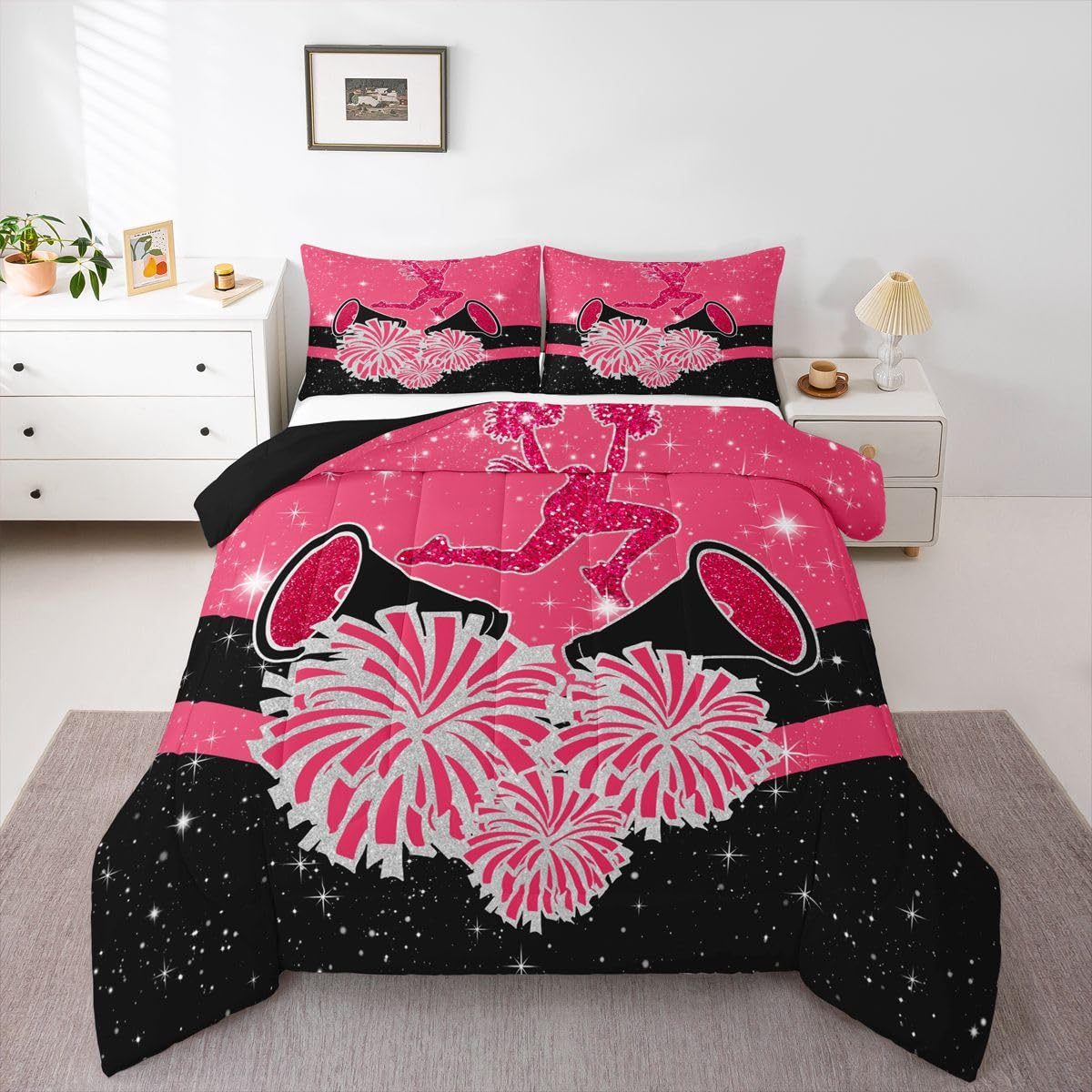 Castle Fairy Cheerleader Kids Comforter Set Queen Size,Cheerleading Glitter Pink Black Reversible Bedding Set for Adult,Girly Cheerleading Dance Luxury Bed Duvet Insert,2 Pillowcases