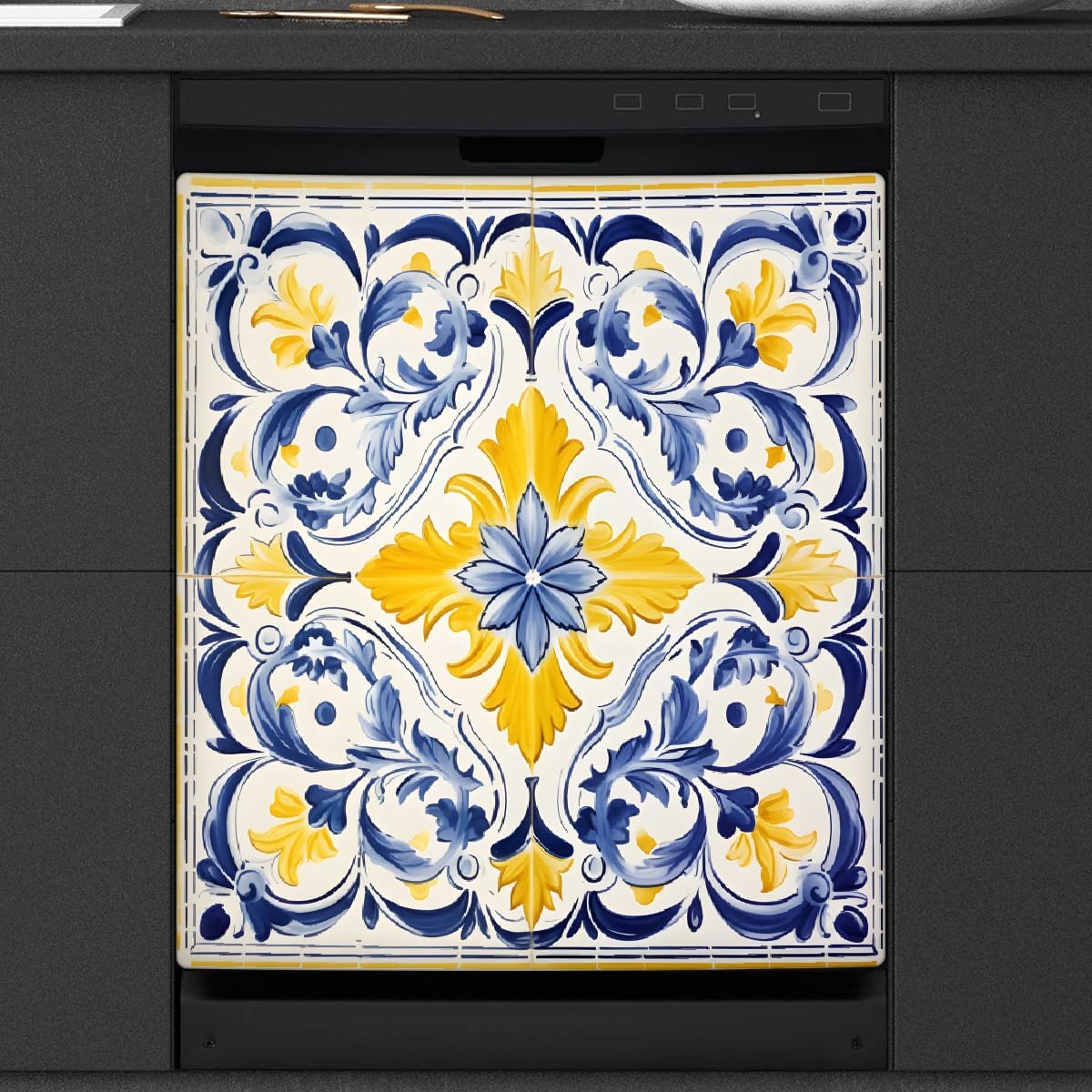 Dishwasher Magnet Cover Ethnic Blue Yellow Flower Paisley Reusable Dishwasher Magnetic Cover Sticker Decorative Dish Washer Door Cover Panel for Home Kitcen Appliance, 21x26 in
