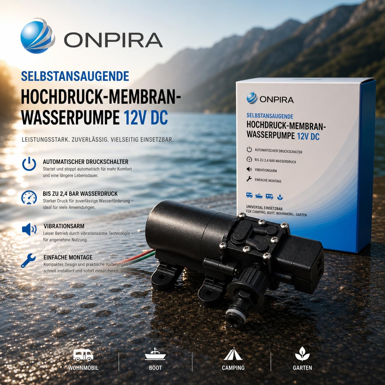 Wasserpumpe 12V (Hochdruckmembran) mit Gartenschlauch Anschluss selbstansaugende Pumpe für Wohnwagen, Boot, Wohnmobil, Garten