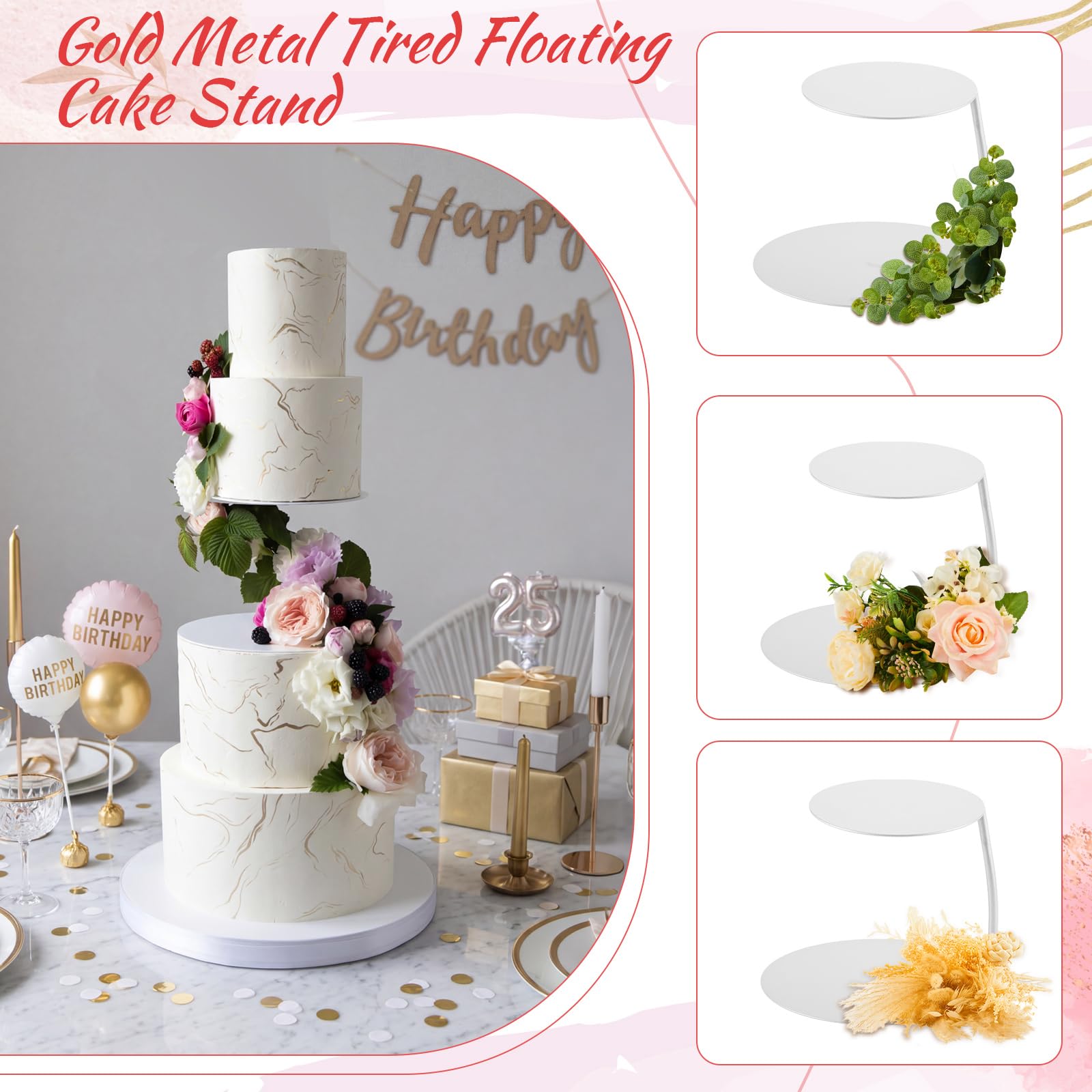 LemonRoad Alzata galleggiante per torte a 2 ripiani in metallo, 10,2 cm + 15,2 cm, separatore rotondo decorativo per dessert, supporto per pasticceria, per compleanni, anniversari, feste, centrotavola