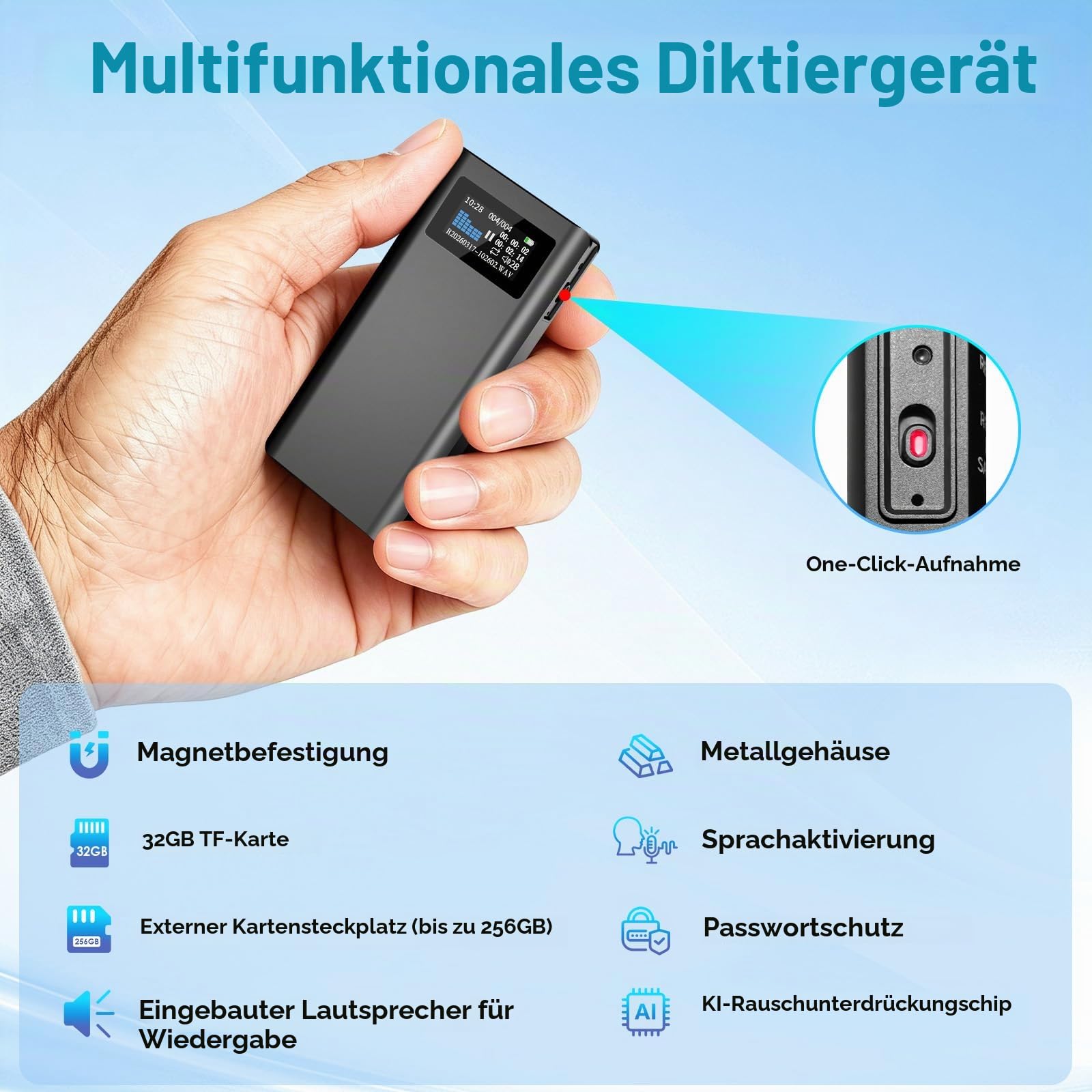 32GB Magnetischer Sprachrekorder mit 350-Stunden-Akku, TF-Kartenerweiterung, Lautsprecherwiedergabe und EIN-klick-Aufnahme, Tragbares USB-C Aufnahmegerät für Meetings und Interviews