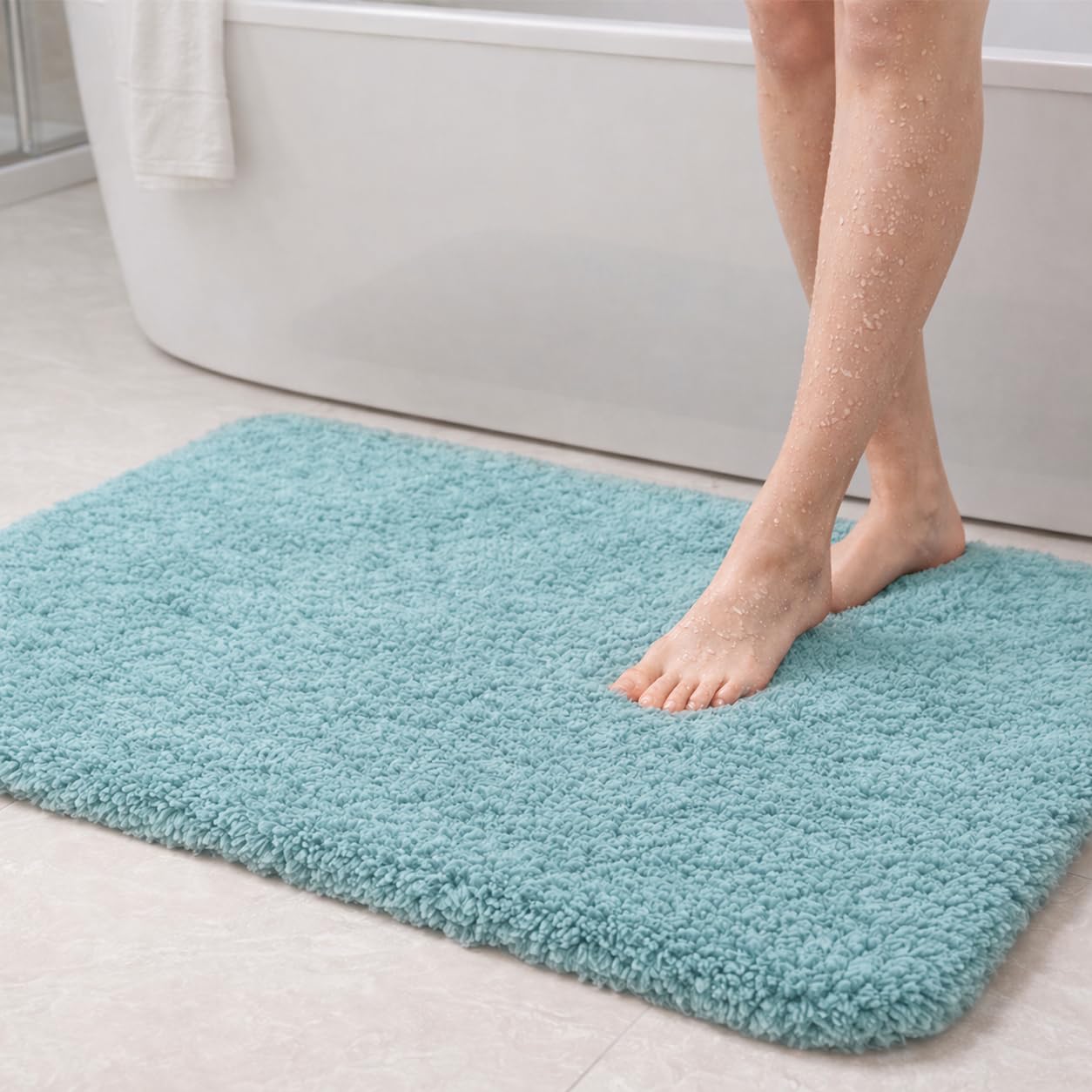 PUFFMAT Microfibre Bath Mat 90 x 60 cm Serene Blue, Absorbent Bathroom Rug with Soft Plush Pile and TPR Backing, Machine Washable Bathroom Mat for Shower, Bathtub, Toilet and Guest Bathroom