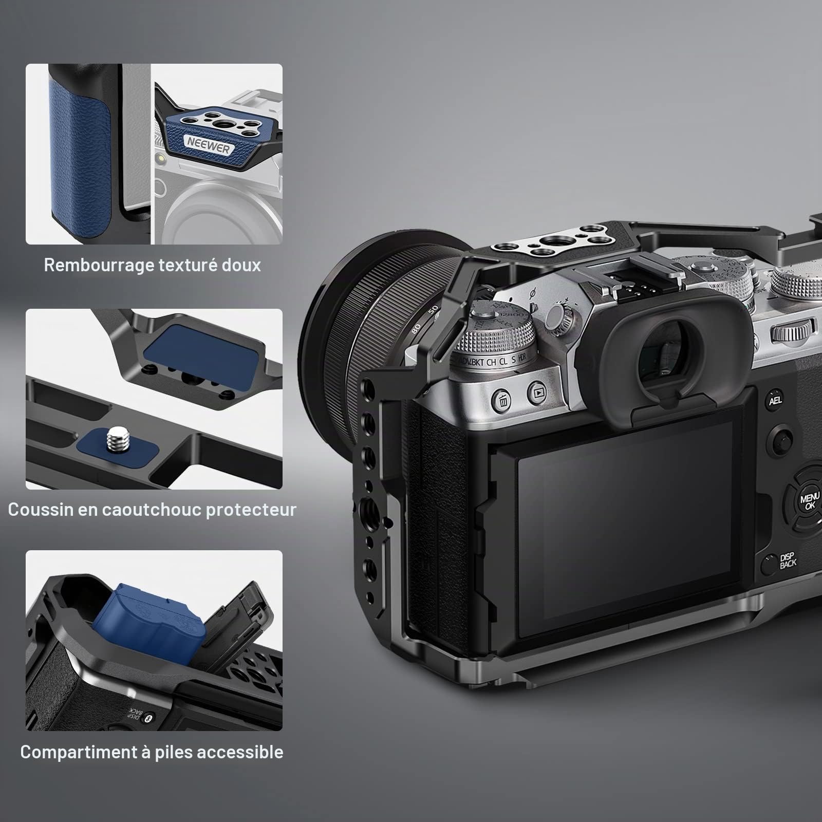 NEEWER Cage de Caméra Entière avec Fuji XT5 pour Plate-Forme Vidéo en Aluminium,Bouton d'Obturation,Cold Shoe,Rail OTAN,Base QR de Type Arca Compatible avec Accessoires SmallRig,Cardans DJI RS,CA014