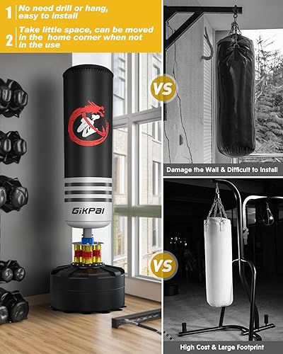Miniatura 8 de GIKPAL Saco de boxeo, bolsa de boxeo pesado independiente de 70 pulgadas con soporte para adultos, adolescentes y niños, bolsa de kickboxing con 12