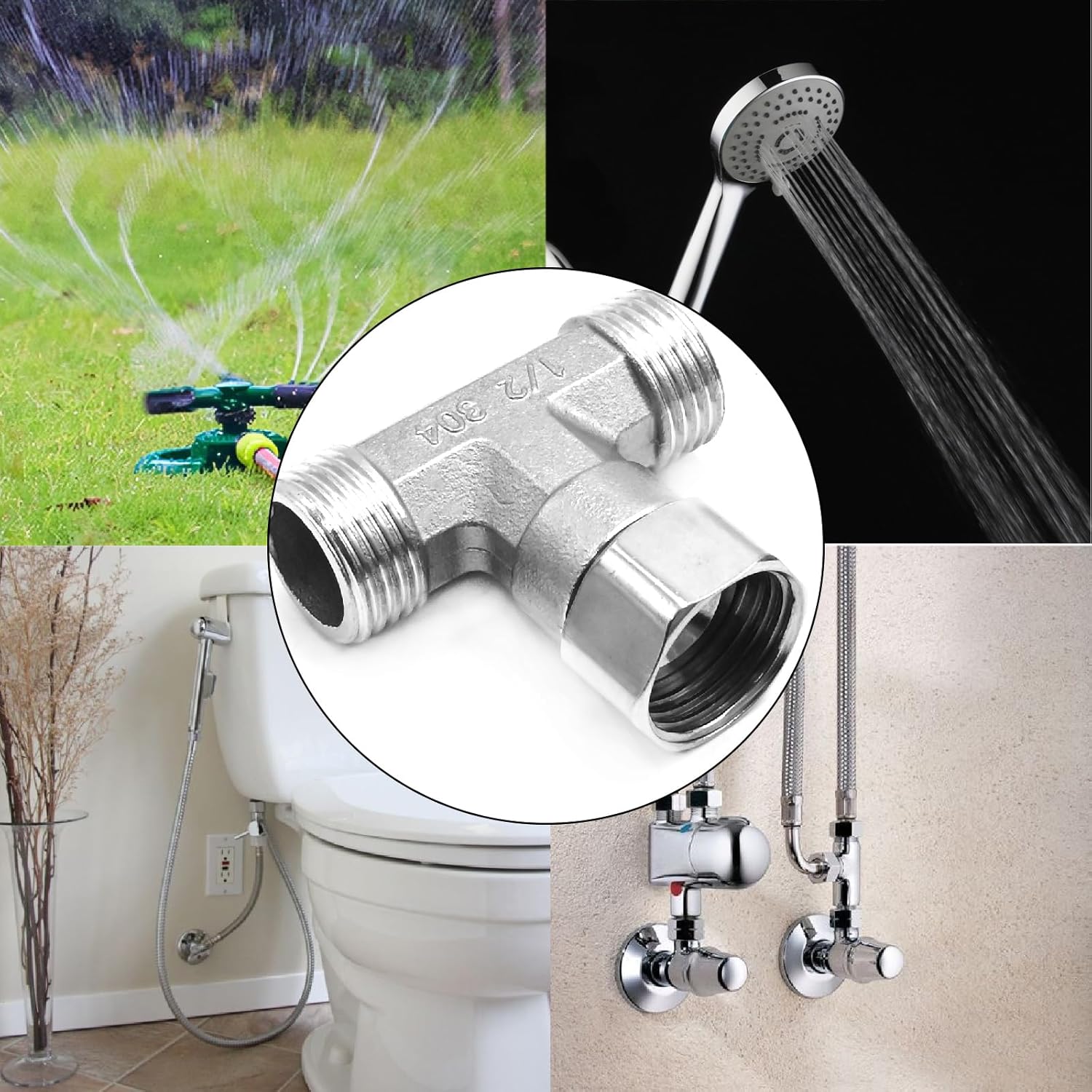 1/2''G 3 Way Stainless Steel Diverter Thickened Tee Set, Flexible Movable Cap Connector for Angle Valves Sprayers Shower Arms, Thread ID/OD 19.8MM 3/4 Inch (Top Movable Cap)