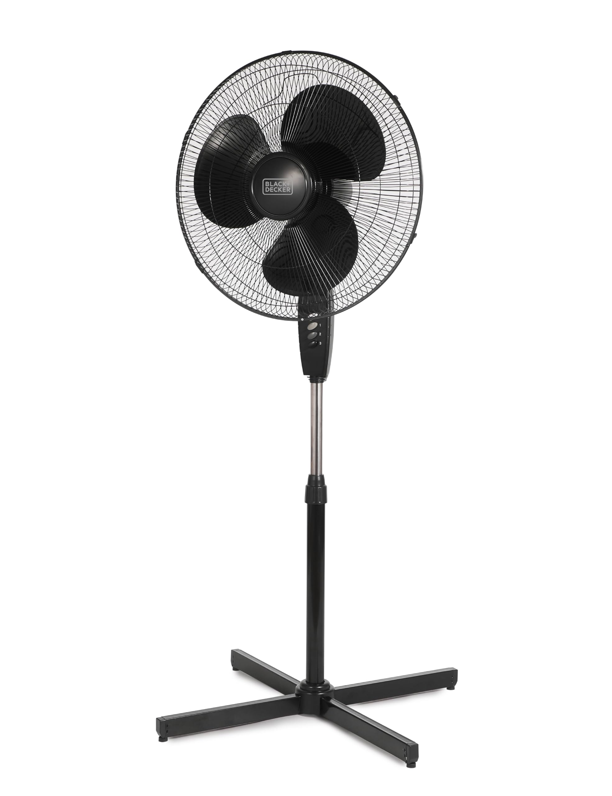 black+decker 18-inch pedestal fan, bfp18sxb, oscillating fan for home and office, standing fan with 3 speed settings, height adjustable with adjustable head tilt, black