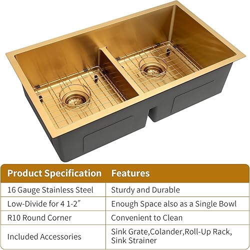 Miniatura 4 de Fregadero de cocina dorado, fregadero de cocina hecho a mano de 32 x 18 pulgadas, doble tazón 5050, calibre 16, acero inoxidable con accesorios