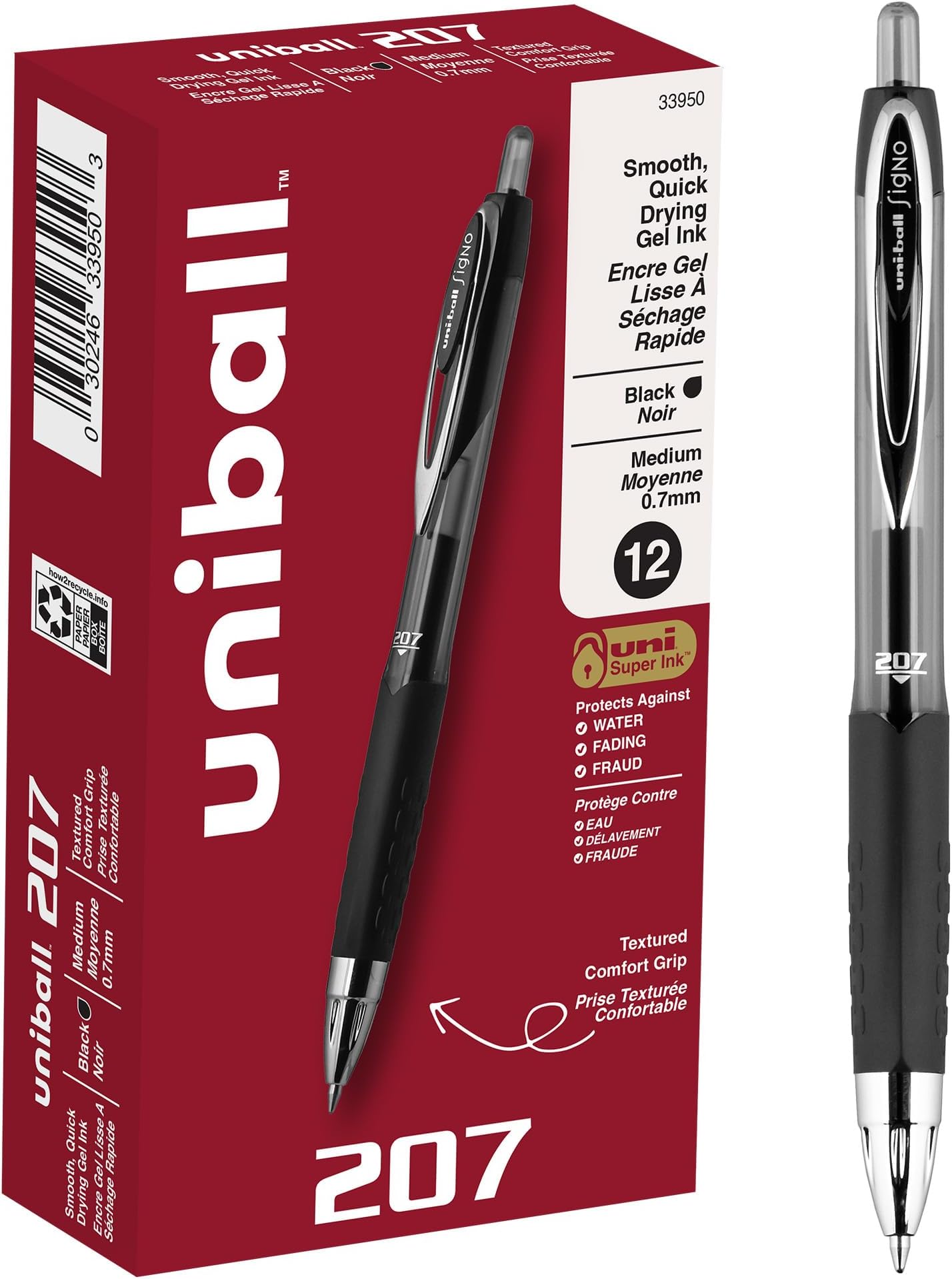 uni-ball 207 Retractable Gel Pens, Medium Point, Black, Box of 12-33950