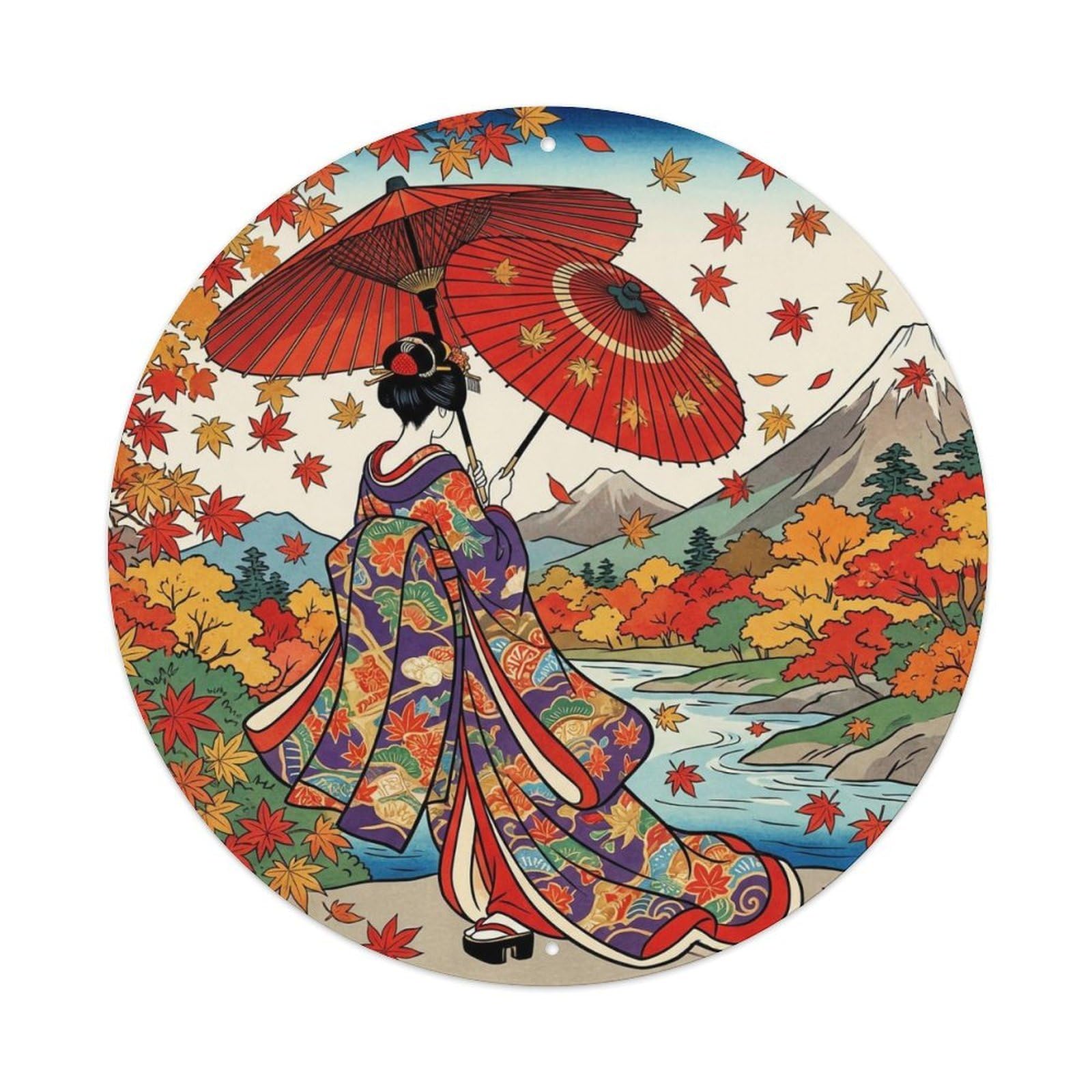 Japanese Falling Leaves Geisha Red Umbrella Metal Tin Sign