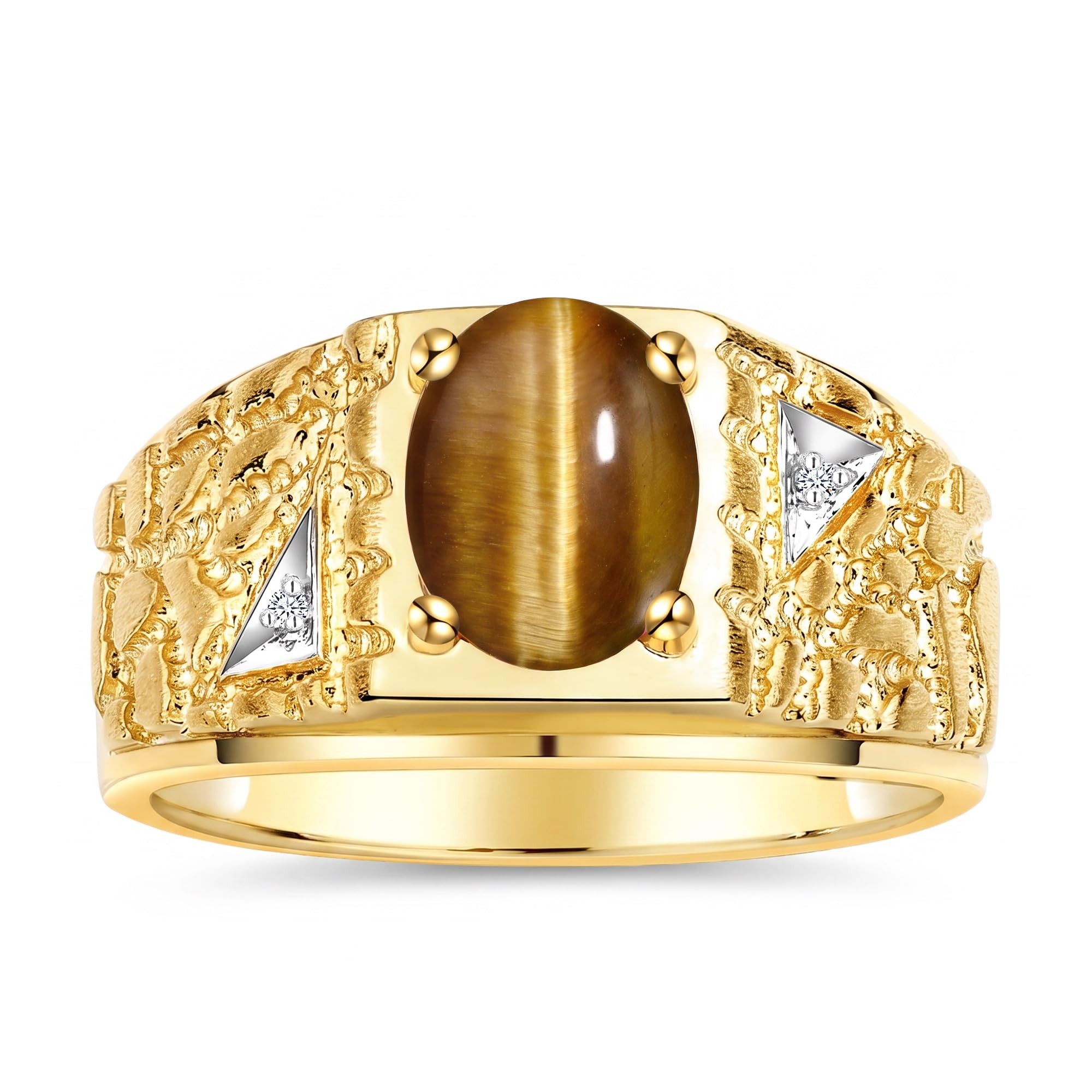 Rylos Men's Rings Designer Nugget Ring: Oval 9X7MM Gemstone &amp; Sparkling Diamonds - Color Stone Birthstone Rings for Men, Yellow Gold Plated Silver Rings in Sizes 8-13. Mens Jewelry