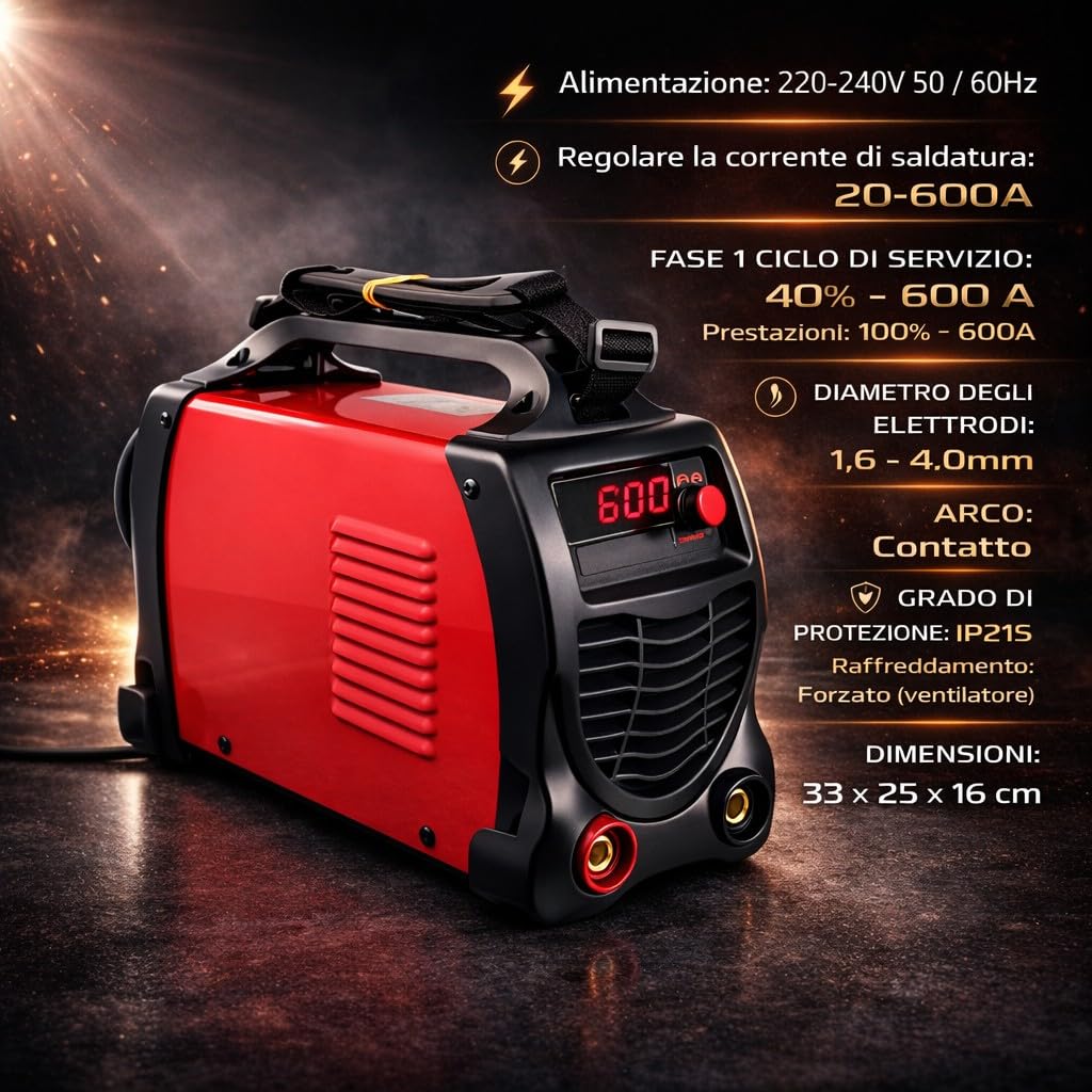 Saldatrice inverter ad Elettrodo 600 Ampere Con Ventilazione Saldatura ad Arco Ampio Display LCD Digitale Saldatrice Elettrica Portatile per Fabbro con Cavi e Maschera in Valigetta