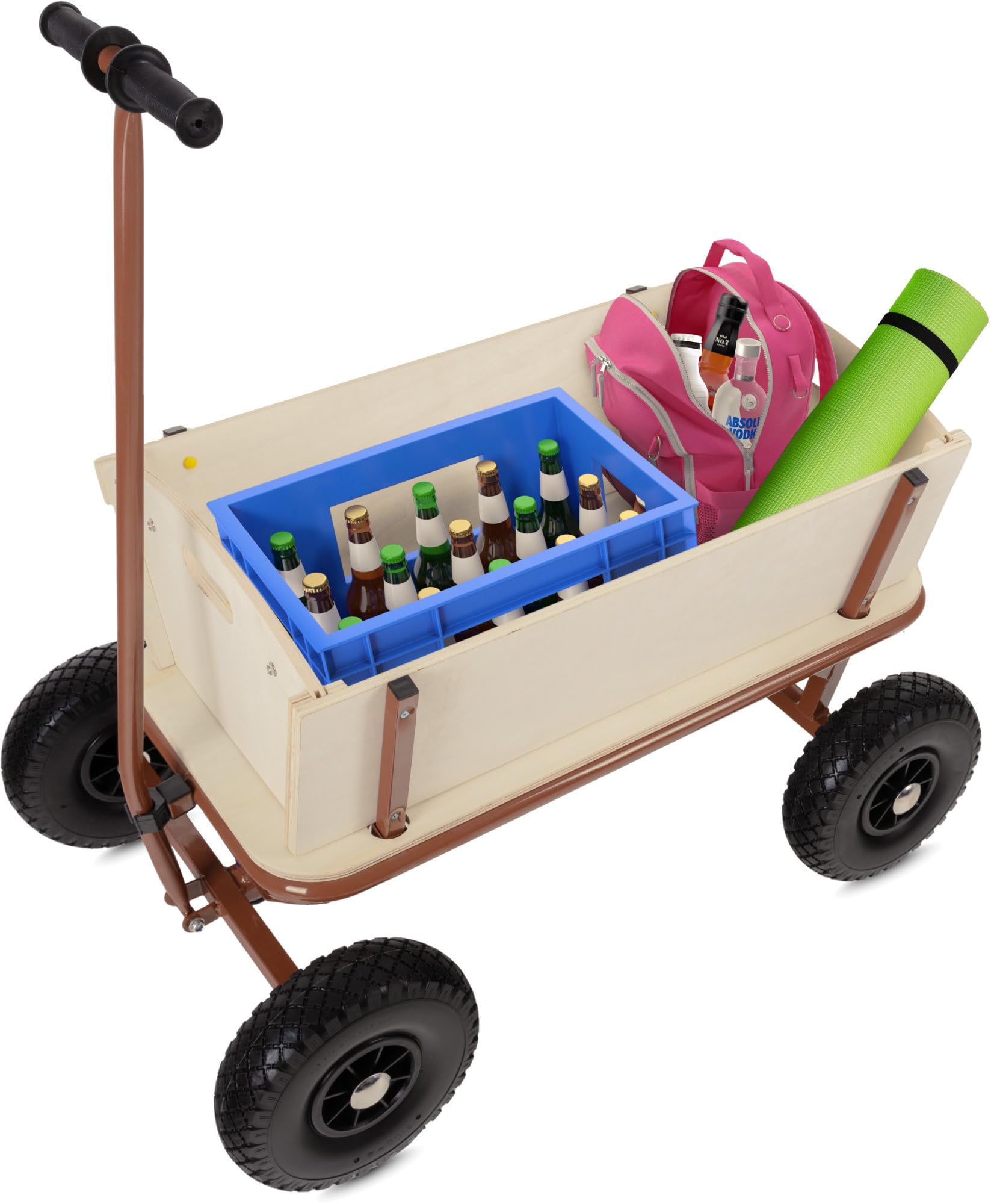 Stagecaptain Bollerwagen Holz im Wild Western Style - Handwagen mit Dach für Sonne und Regen - Lenkbare Vorderachse & Deichsel aufrecht fixierbar - Robuste Profilreifen aus Hartplastik