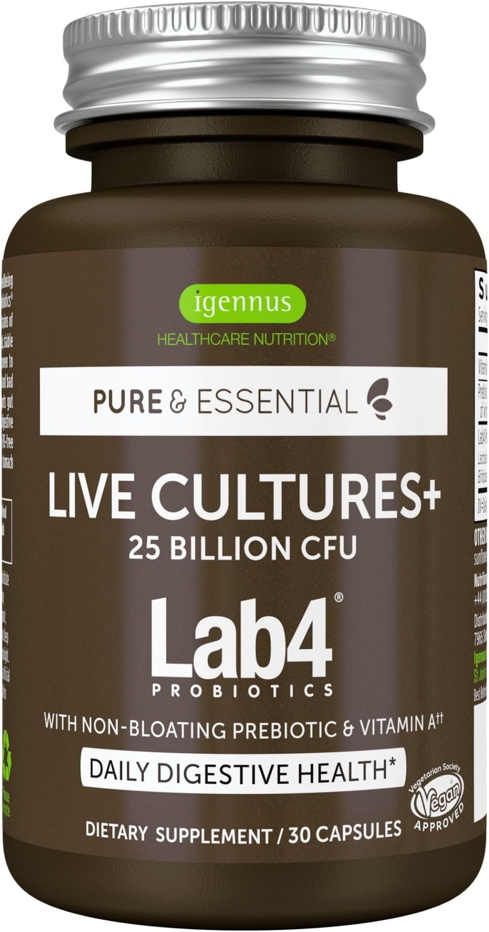 Igennus Probiotics & Prebiotic 2 in 1, Lactobacillus Acidophilus & Bifidobacterium, Gut Health Support, Live Cultures+ Lab4, Guaranteed 25 Billion CFU, Women & Men, Non-Bloating, Non-GMO, 30 Capsules
