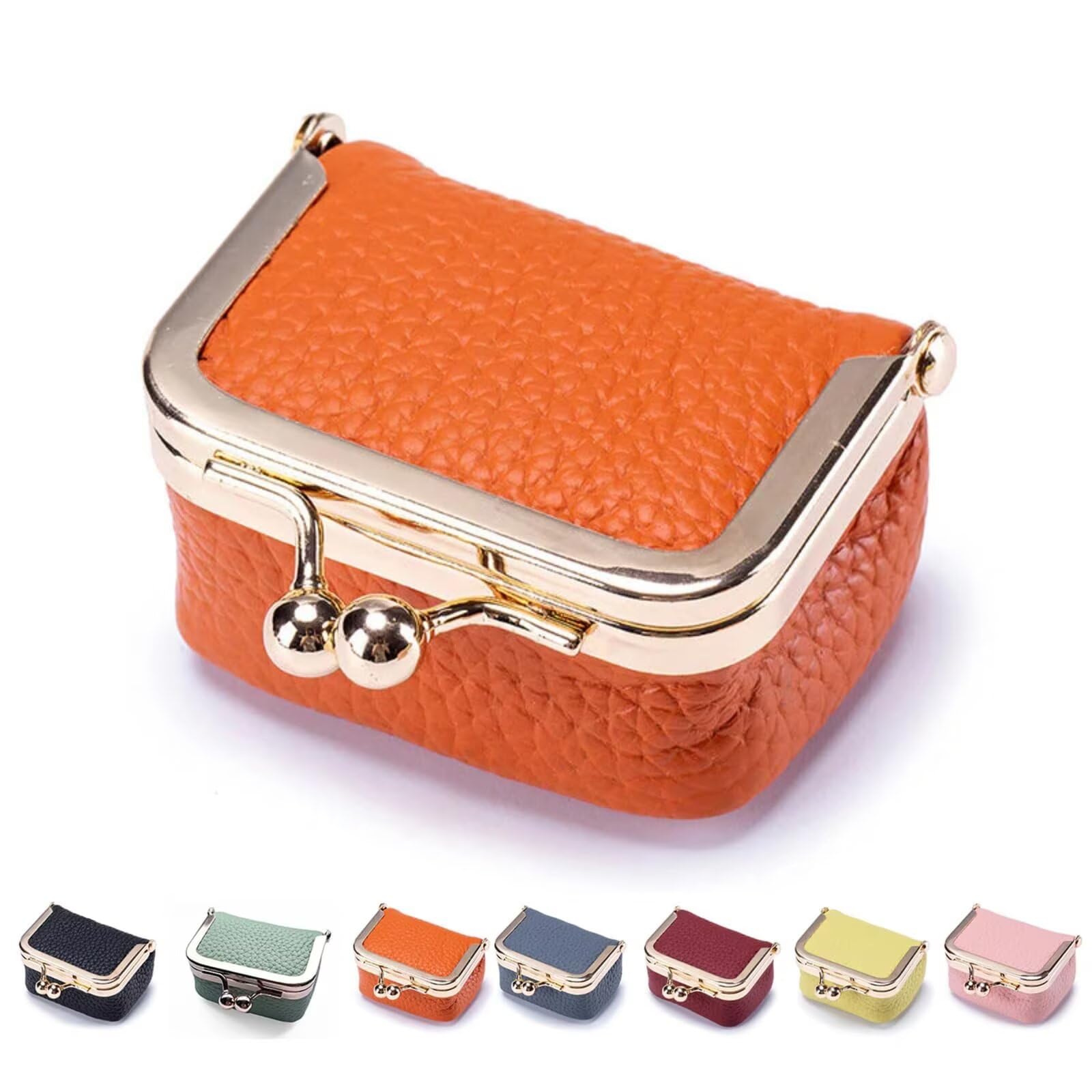 BOSENIYU Mini Leather Jewelry Box, Portable Vintage Genuine Leather Coin Purse, Jewelry Organizer with Kiss Lock. (Orange)