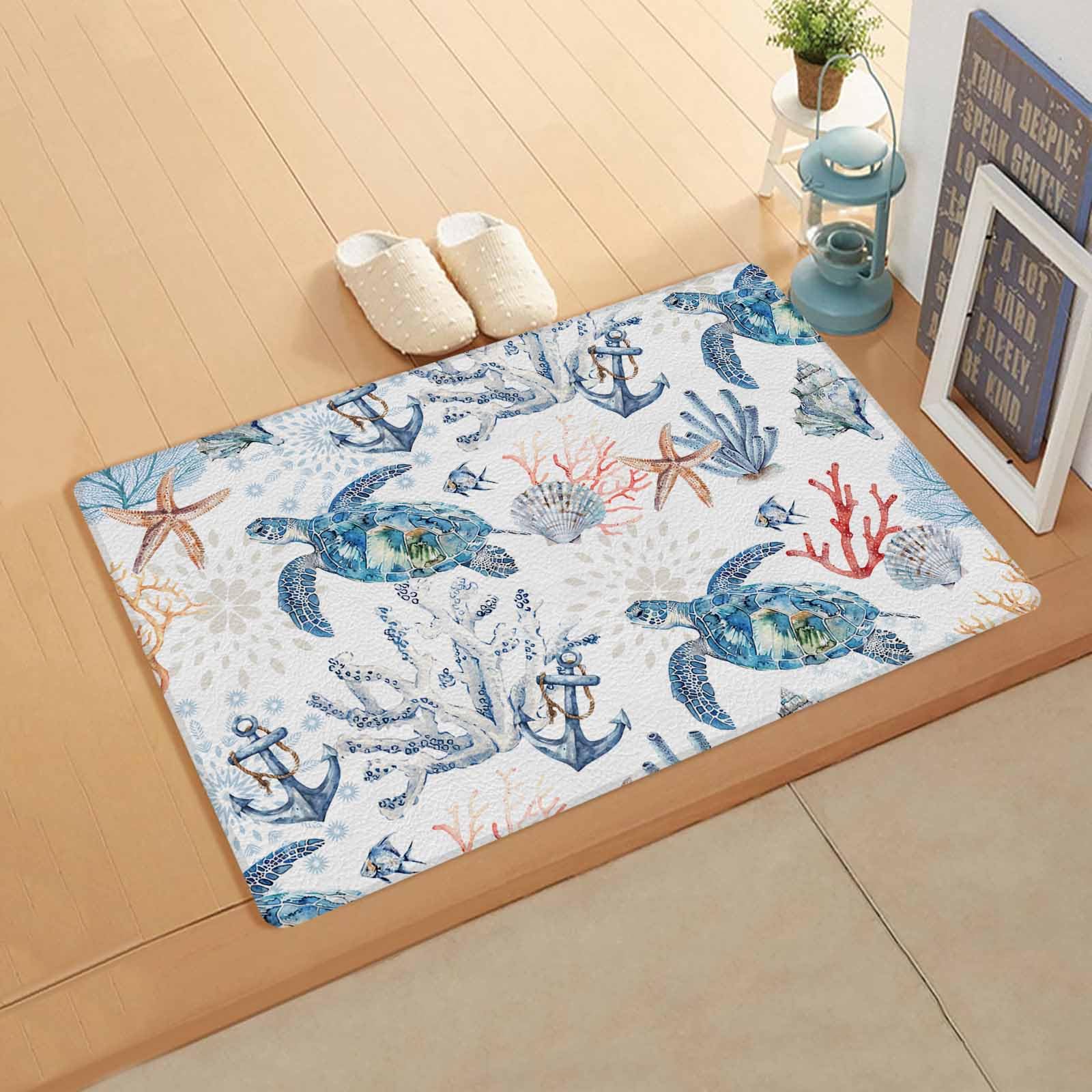 Nautical Turtle Antifatigue Kitchen Bath Door Mat Cushioned Runner Rug,Washable Welcome Floor Sink Mat,Waterproof Kitchen Standing Doormat,Blue Coastal Starfish Coral Shell Tropical Fish 18