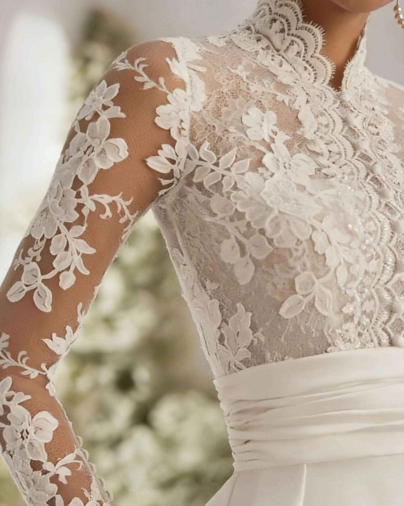 HUINI Satin Hochzeitskleider mit Stehkragen Spitzenapplikationen Lange Ärmel Brautkleider mit Schleppe