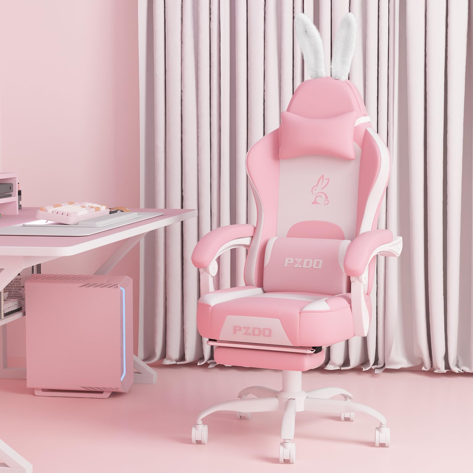 PZDO Sedia Gaming Rosa con Decorazione Rimovibile, Ergonomica Sedia da Ufficio Imbottita Kawaii Poltrona da Gaming PC con Poggiapiedi, Adolescente, Ragazza, Adulto, Regalo (Rosa-Bianco)