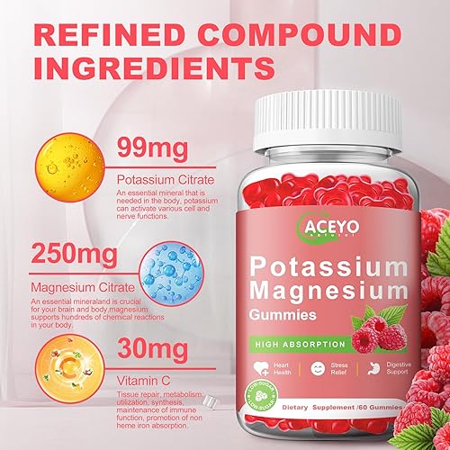 Miniatura 3 de Paquete de 2 gomitas de potasio y magnesio para adultos y niños, de alta absorción, calambres en las piernas, salud muscular y cardíaca, salud