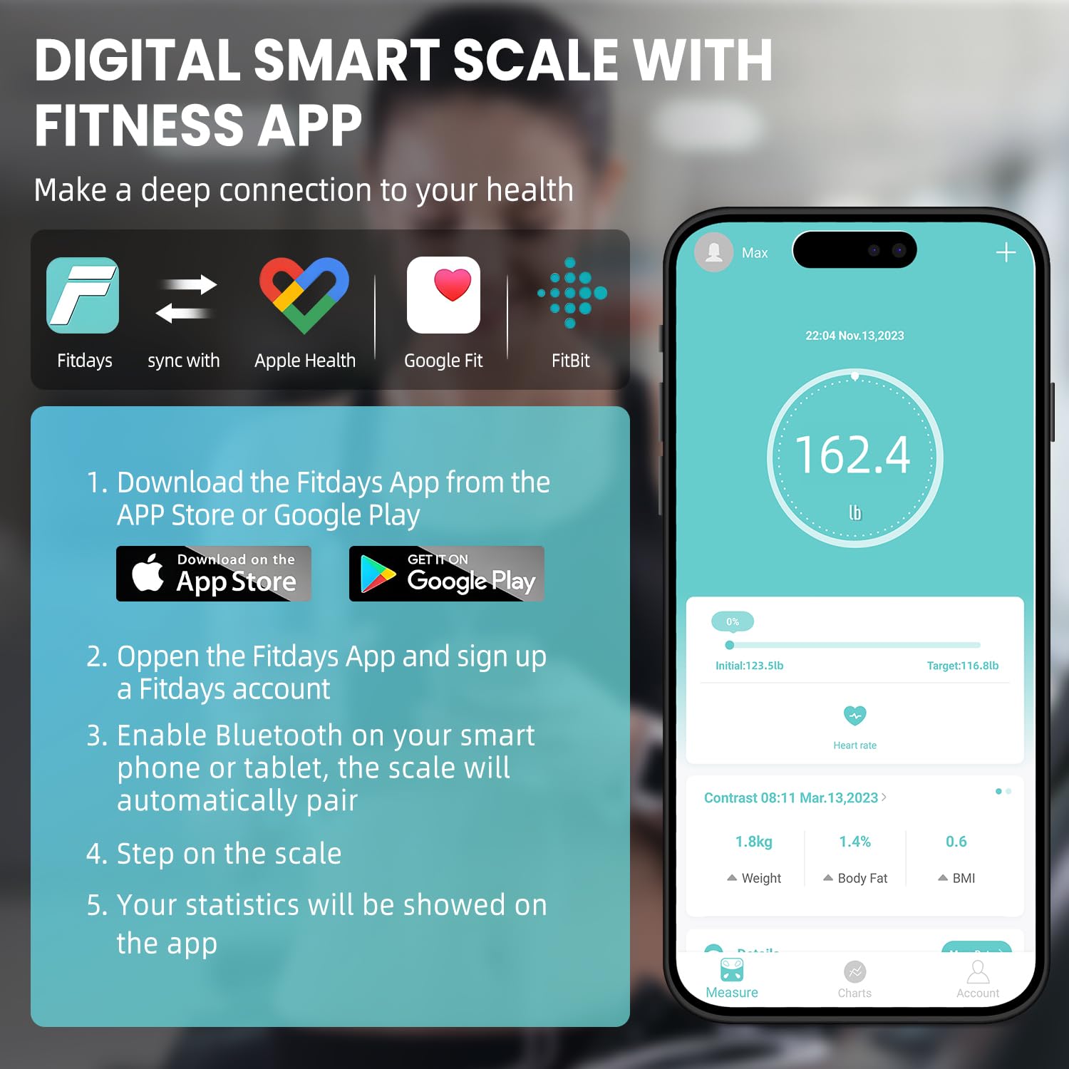 Bagail Bilancia intelligente per il peso corporeo, bilancia digitale da bagno per la pesatura del grasso corporeo, analizzatore di salute della composizione corporea, con app per smartphone, 180 kg,