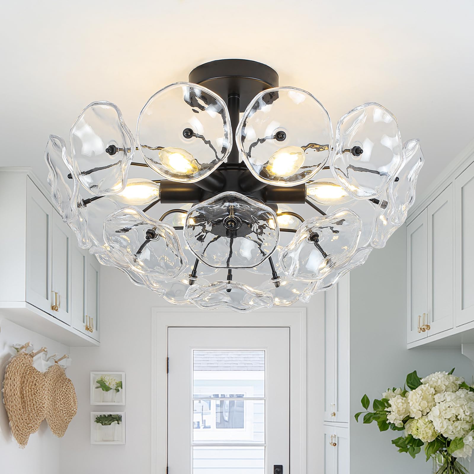 JHLBYL Lotus Glass Semi Flush Ceiling Light 6 Dimmable E14 Lights for Kitchen Bedroom Hall Lounge