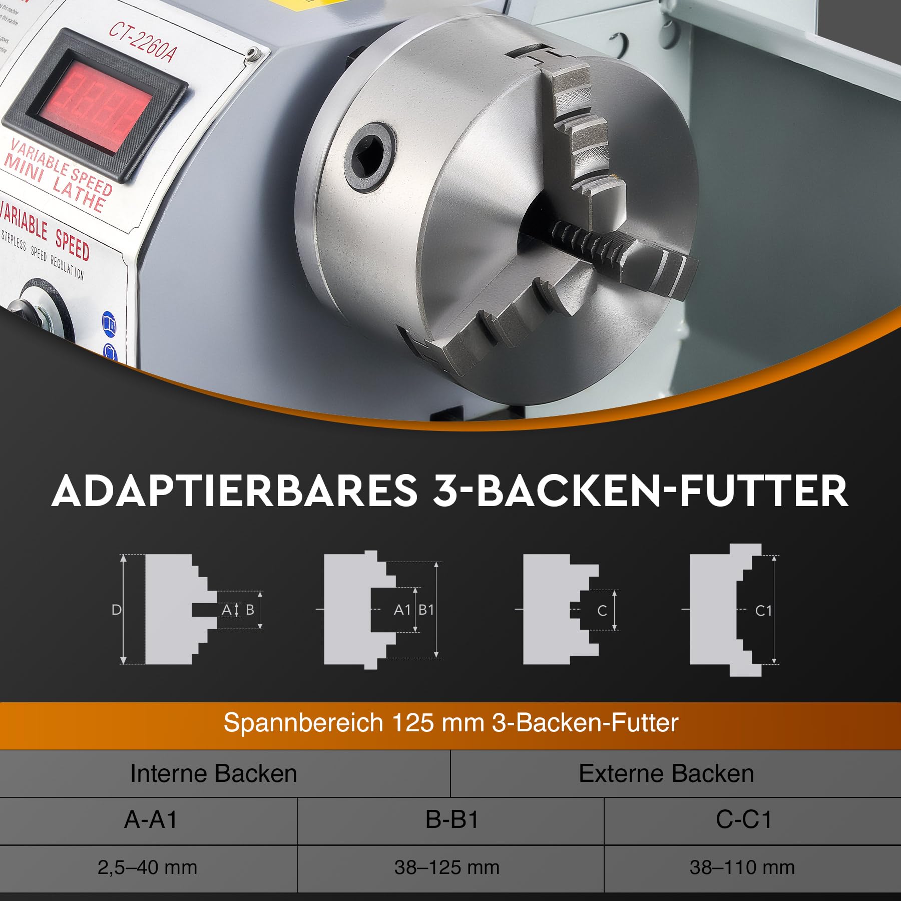 CREWORKS Mini-Drehmaschine 9 x 24 Zoll mit 3-Backen-Futter und 3000 U/min Mini-Metalldrehmaschine 220x600MM mit LCD-Display, 1100W Drehbank Metall für Heimwerker-Metallverarbeitung und Handwerk