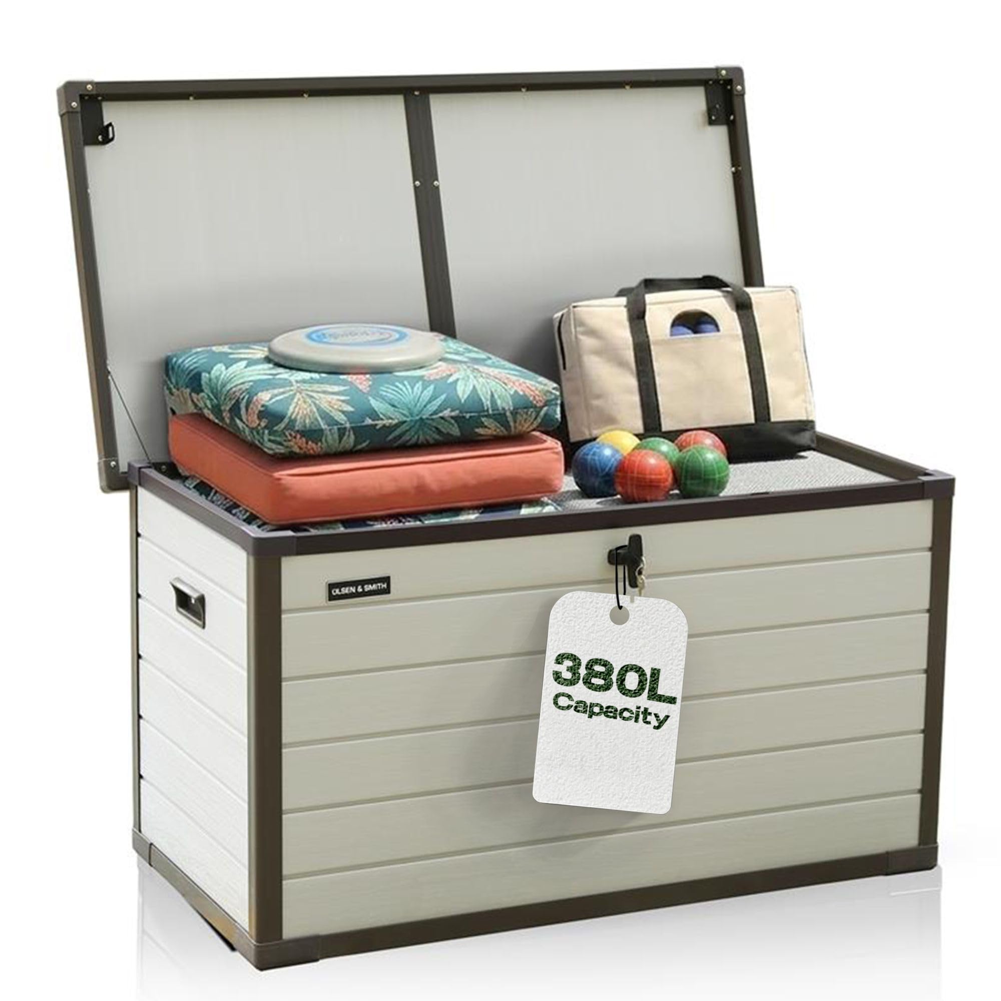 Olsen & Smith 680L XL Outdoor Garden Storage Box, Weatherproof Wood Effect Outdoor Storage Box, Lockable Large Storage Box with Lid, Padlock, Seat, Storage Boxes with Lids, Anthracite, 146 x 71 x 75cm — view 13